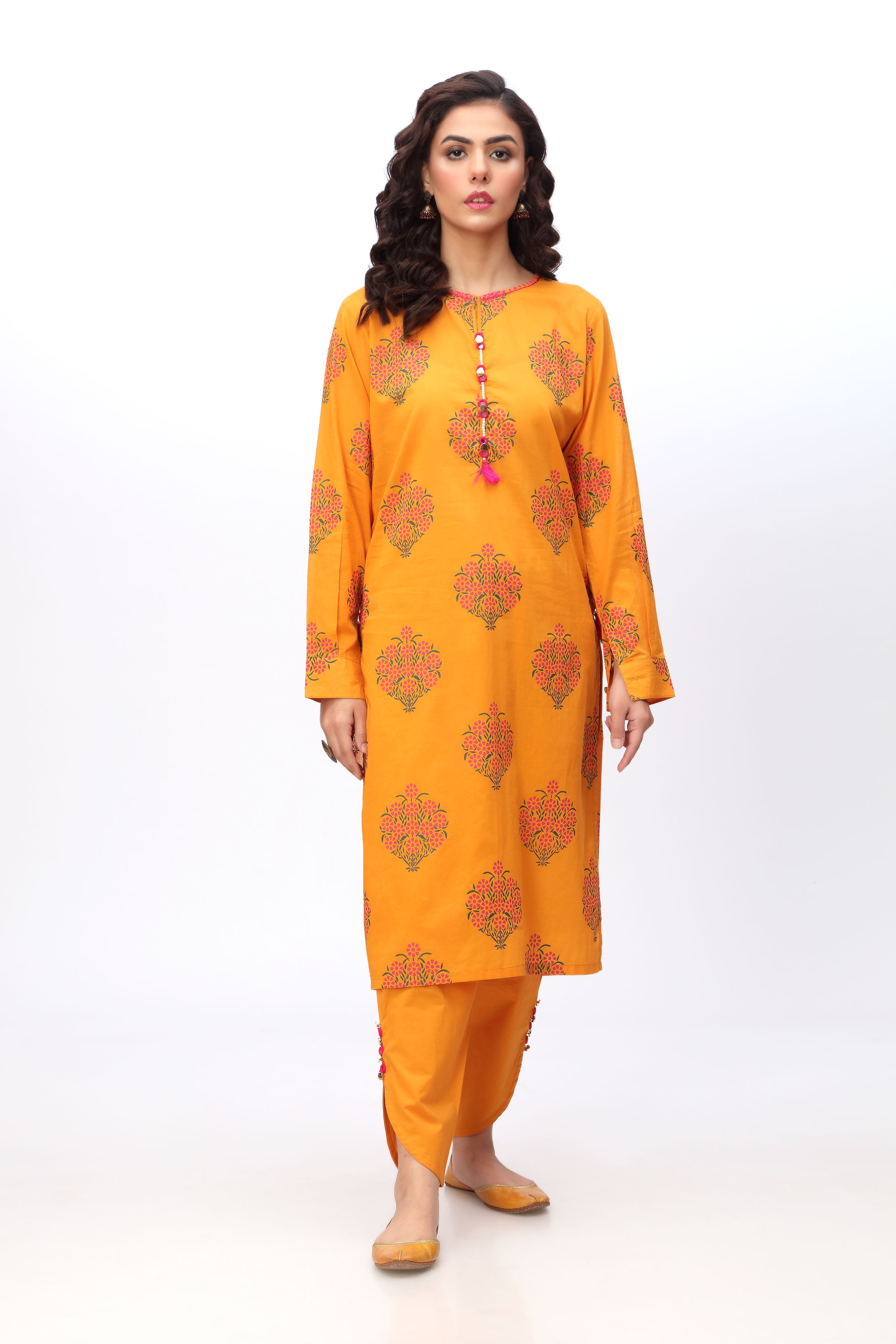 Pink Impression in Mustard coloured Printed Lawn fabric