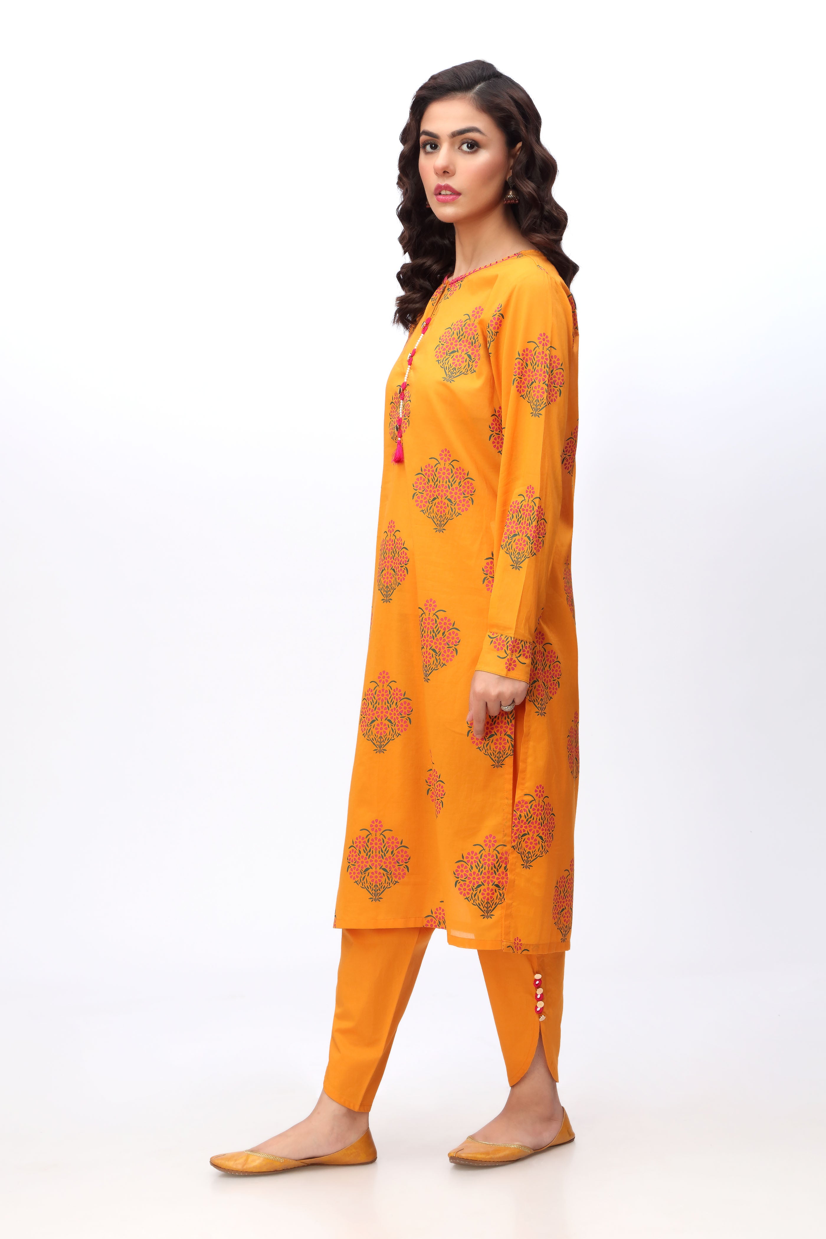 Pink Impression in Mustard coloured Printed Lawn fabric 2