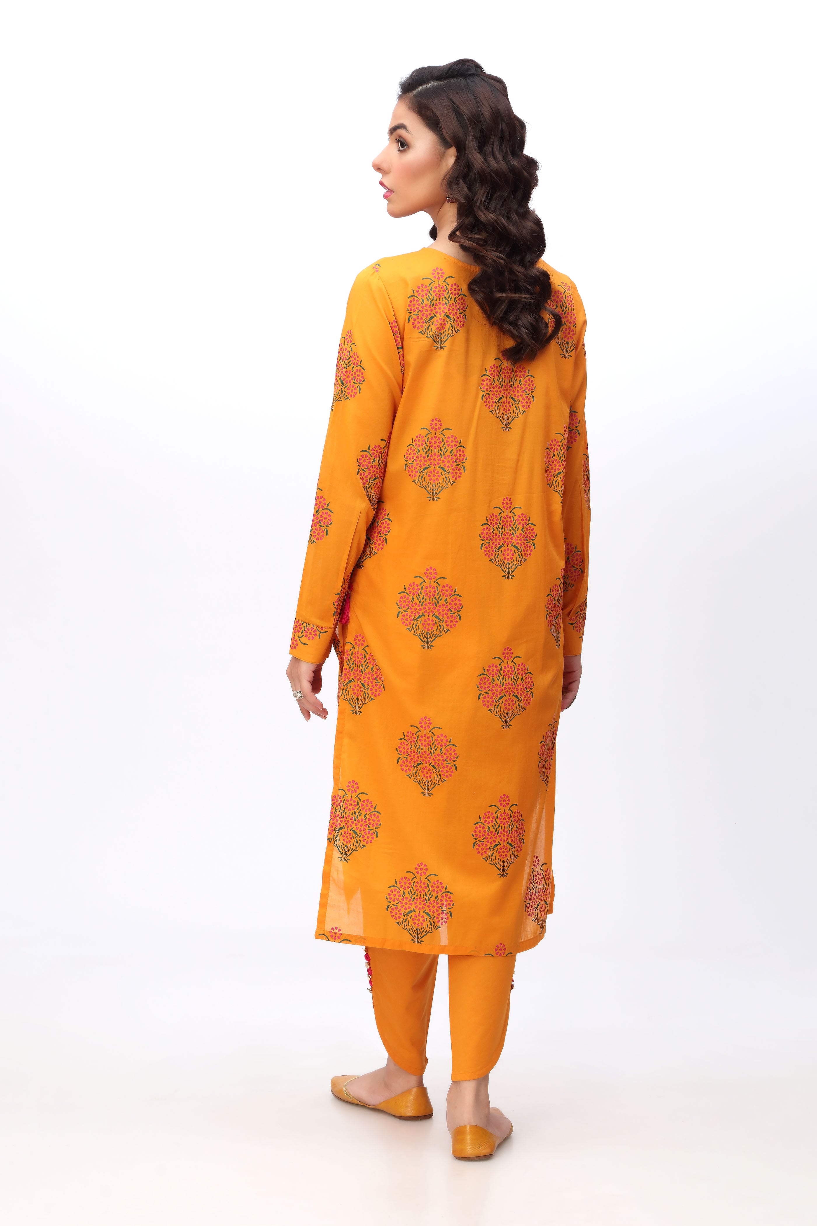 Pink Impression in Mustard coloured Printed Lawn fabric 3