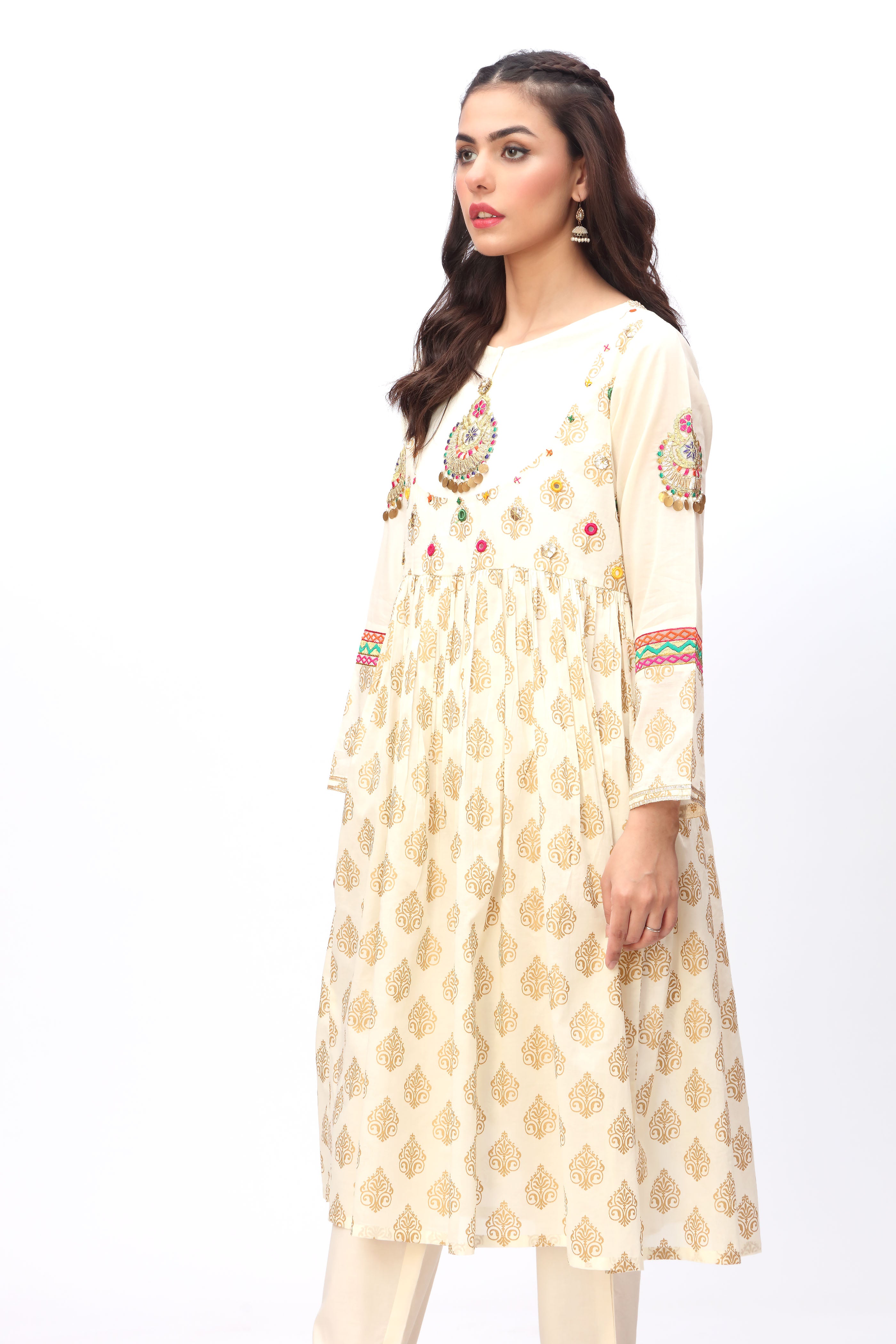 Gold Grid 1 in Off White coloured Printed Lawn fabric 2