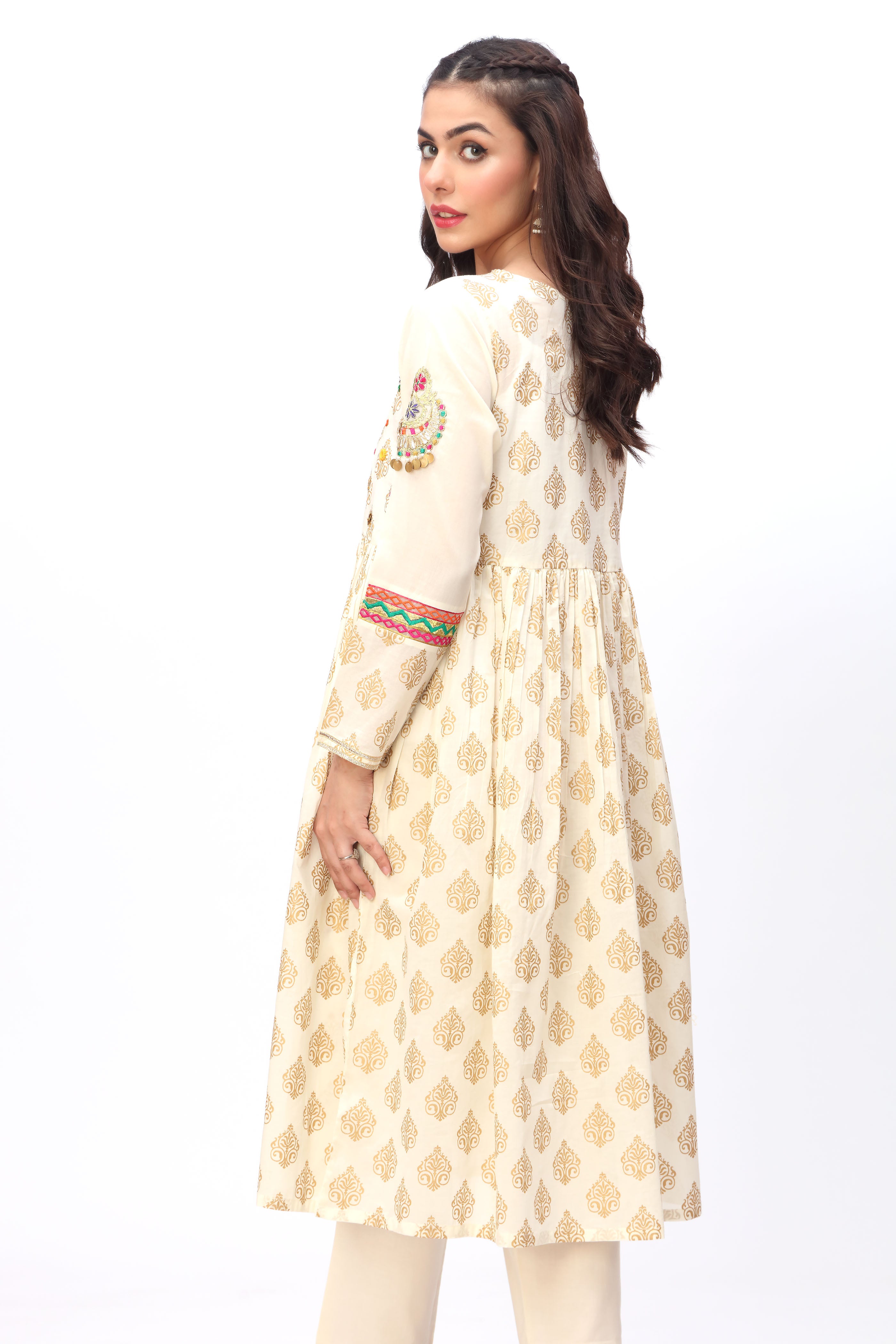 Gold Grid 1 in Off White coloured Printed Lawn fabric 3