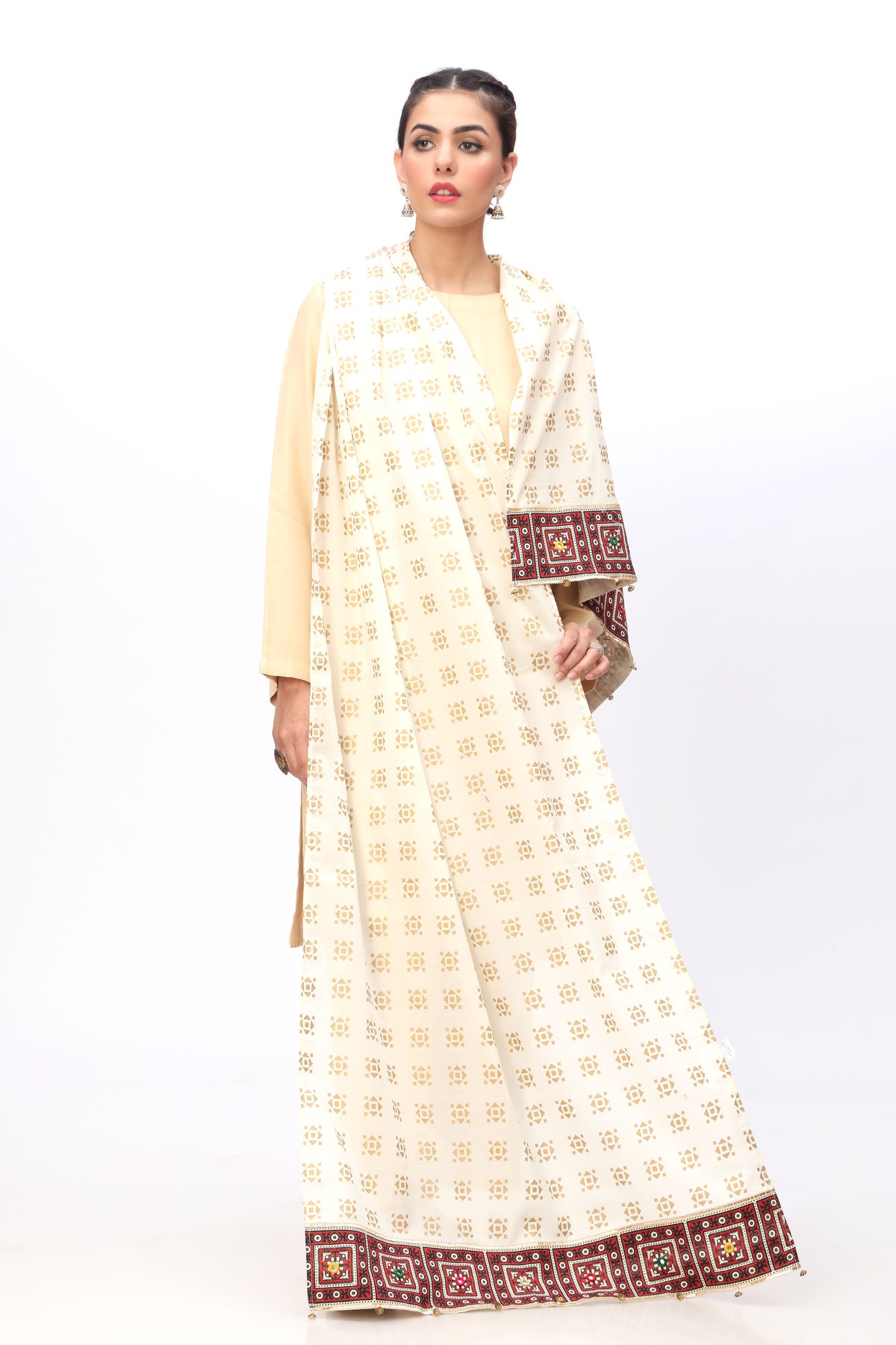 Ajrak Sheesha 1 in Off White coloured Lawn Cambric fabric