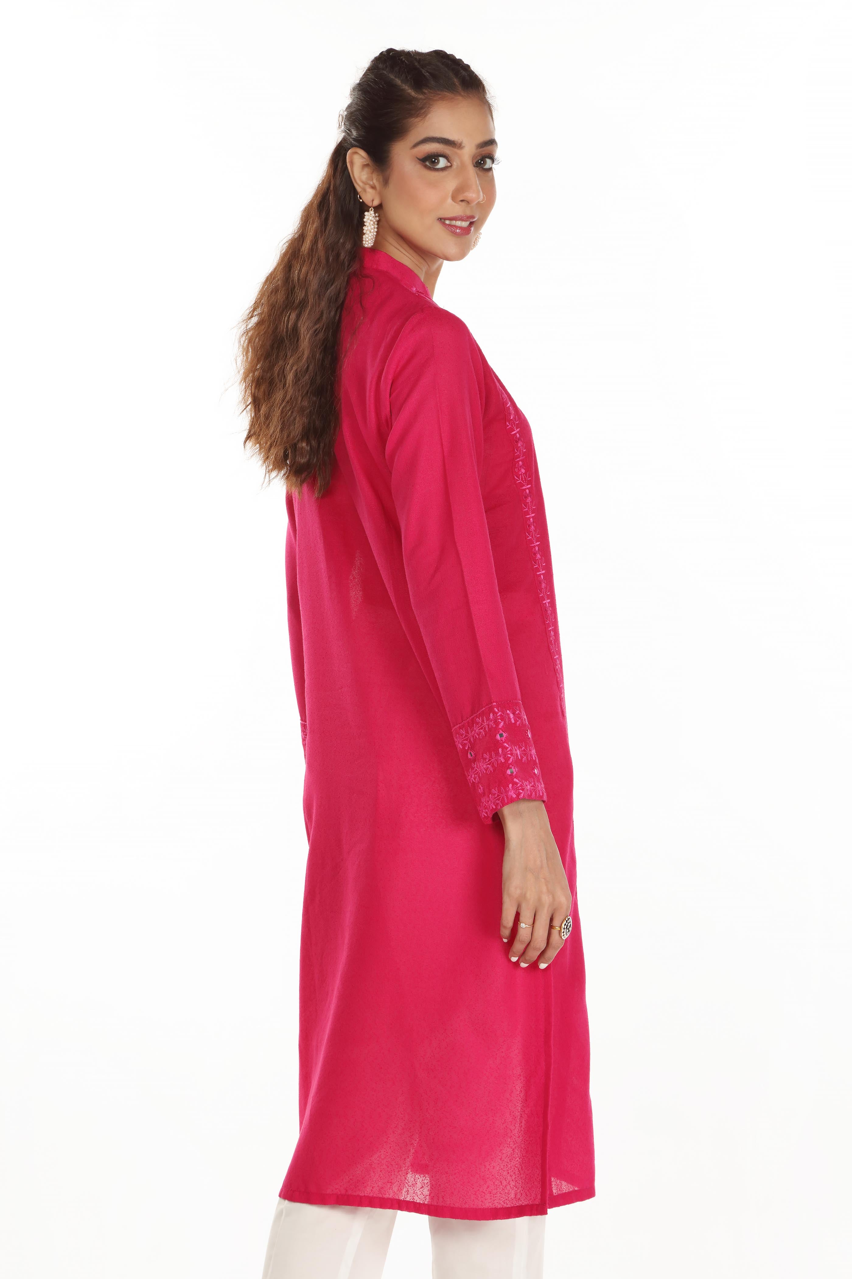 Self Paisley 2 in Pink coloured Lawn Karandi fabric 3