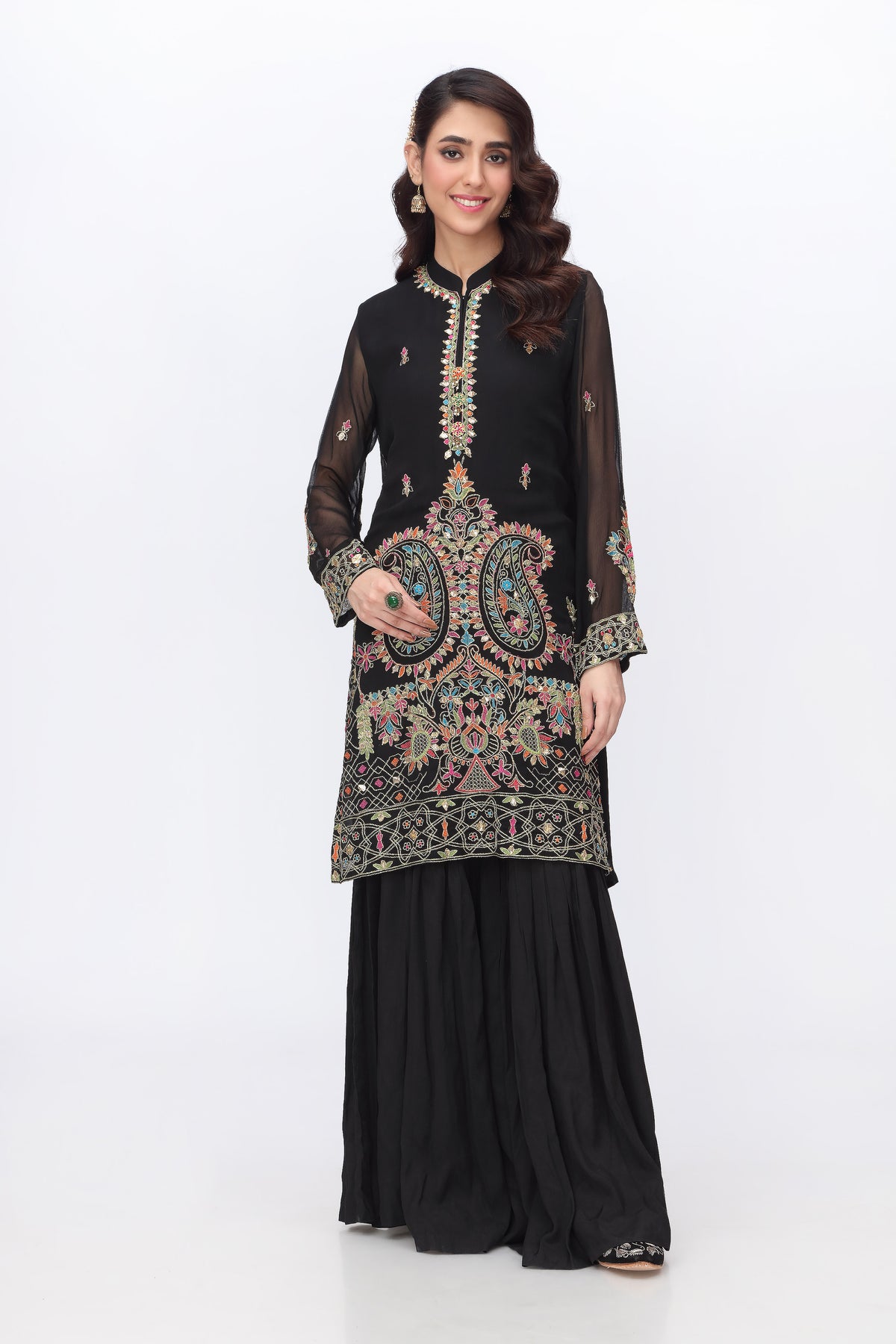 Twin Paisleys in Black coloured Pak Chiffon fabric