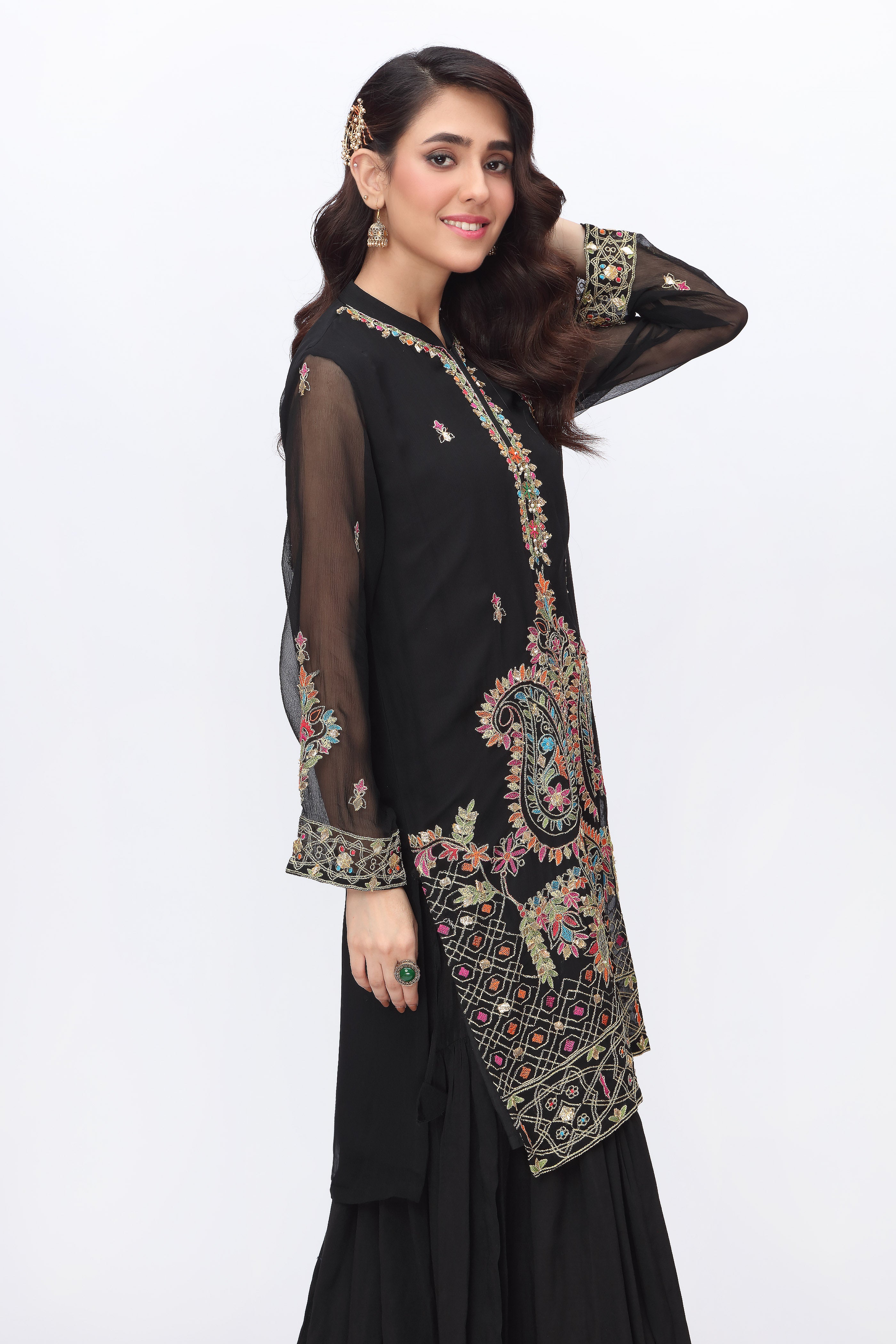 Twin Paisleys in Black coloured Pak Chiffon fabric 2