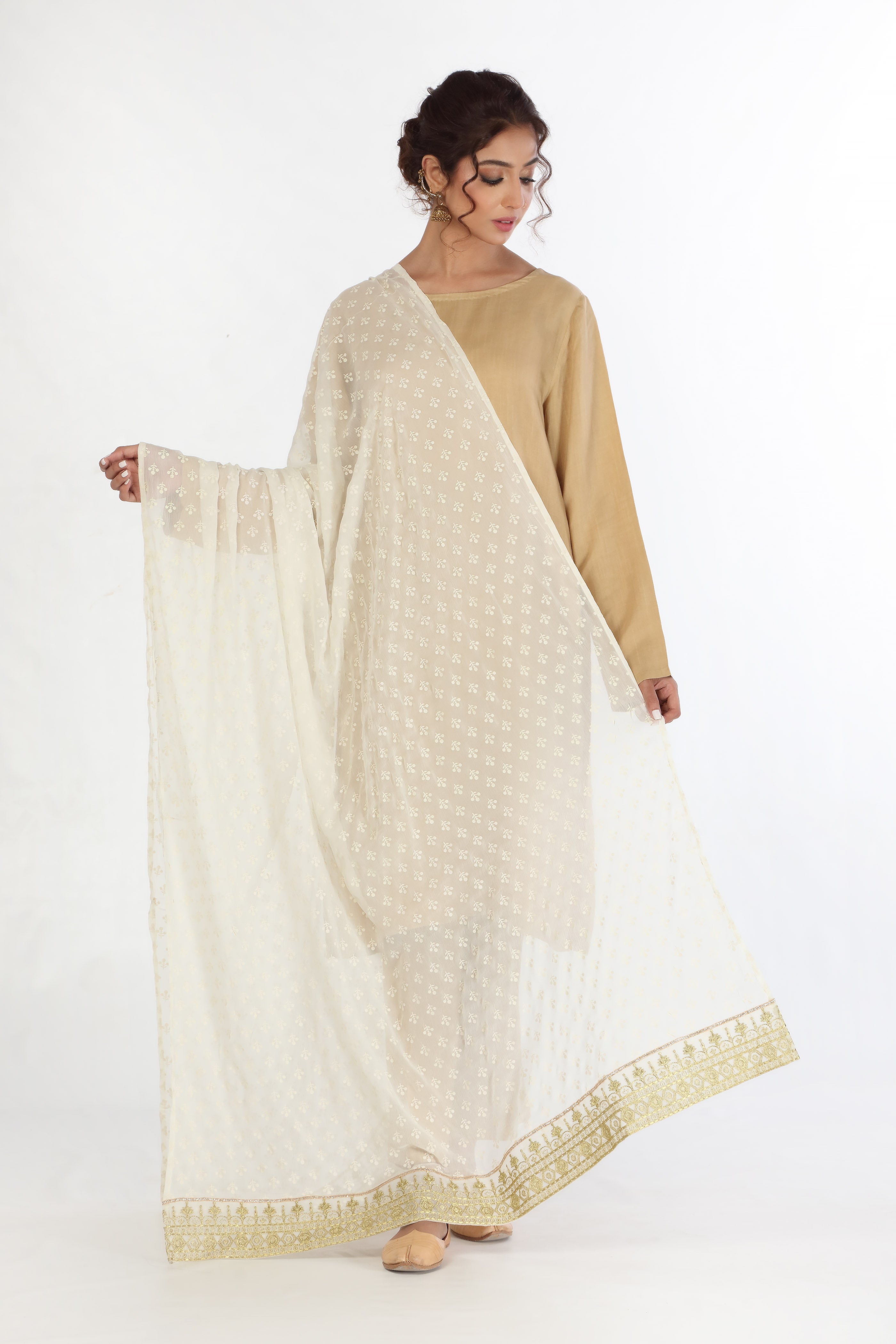 Gold Panni in Off White coloured Pak Chiffon fabric