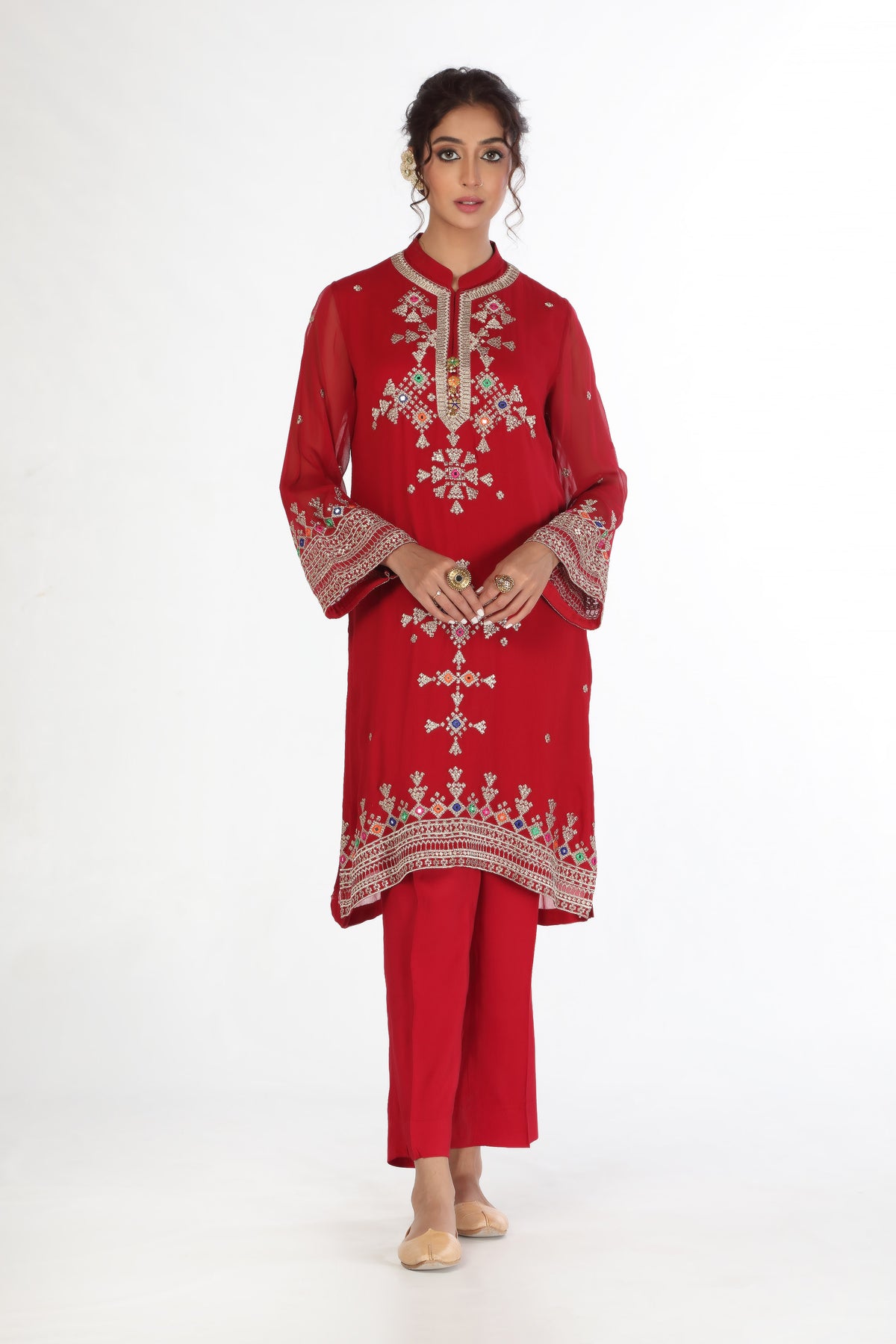 Red Geometric 1 in Red coloured Pak Chiffon fabric