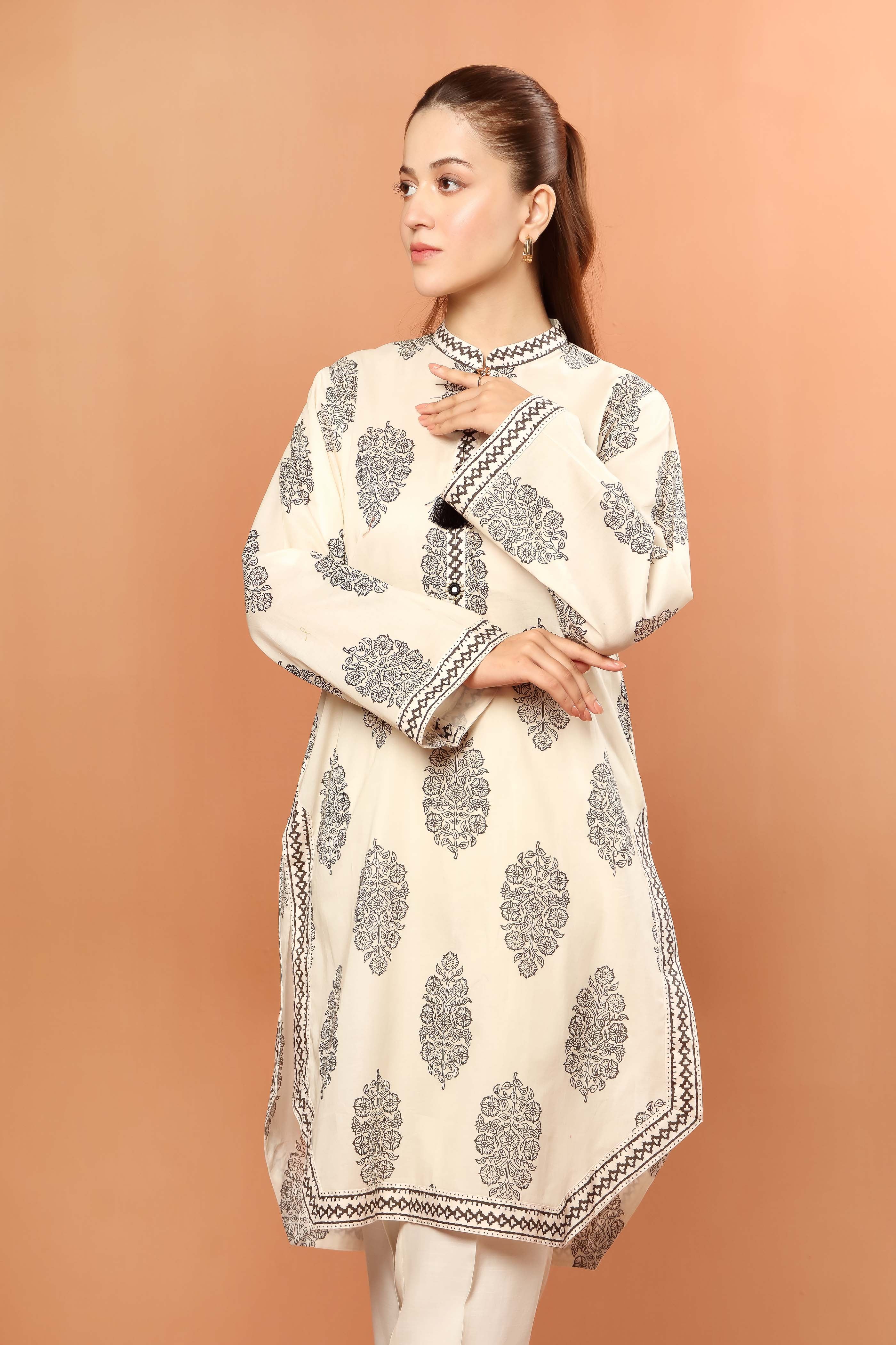 Monochr Block Print Coo: 1 Piece Top in Multi Lawn (TR1055)