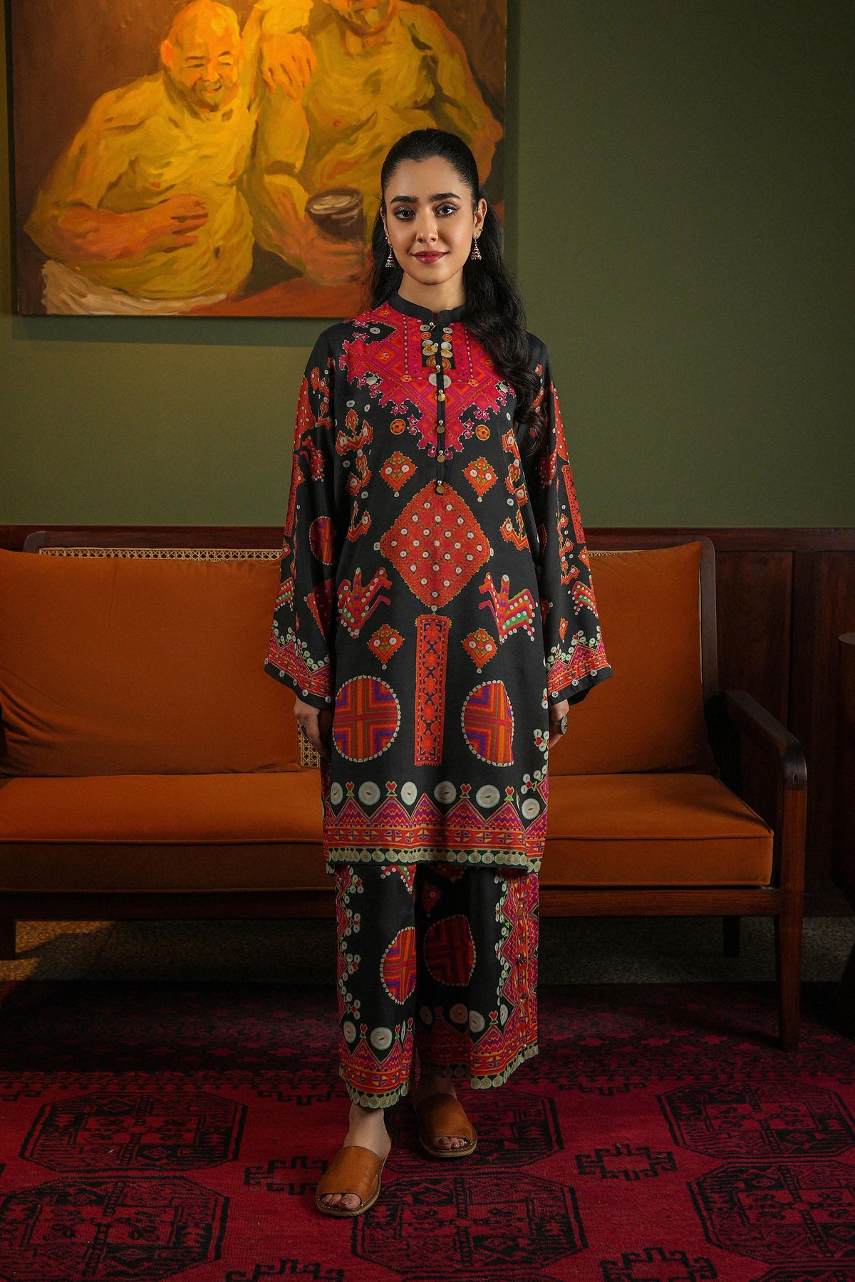 Ajrak Print: 1 Piece Top in Multi Raw Silk (TR1085)