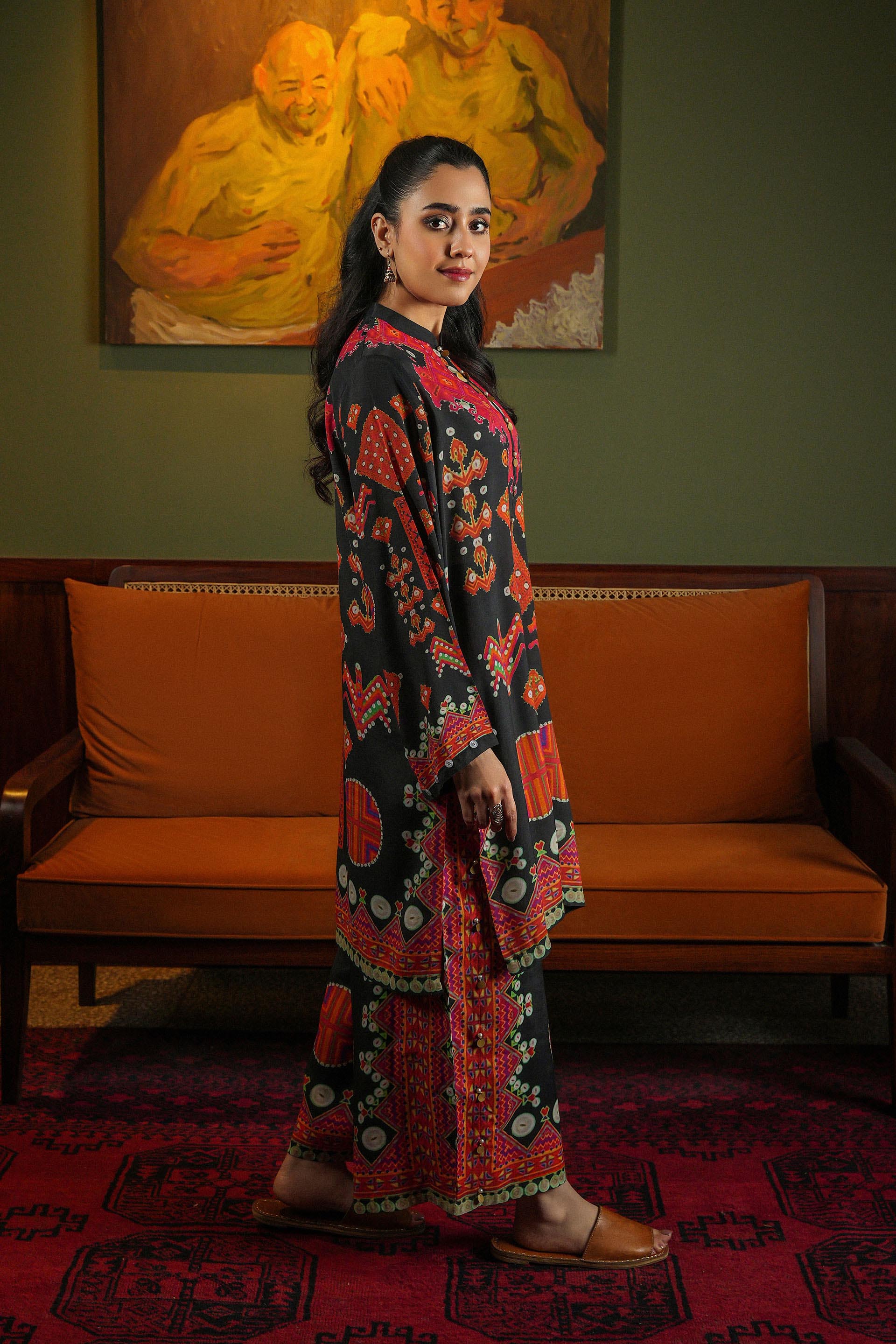 Ajrak Print: 1 Piece Top in Multi Raw Silk (TR1085)