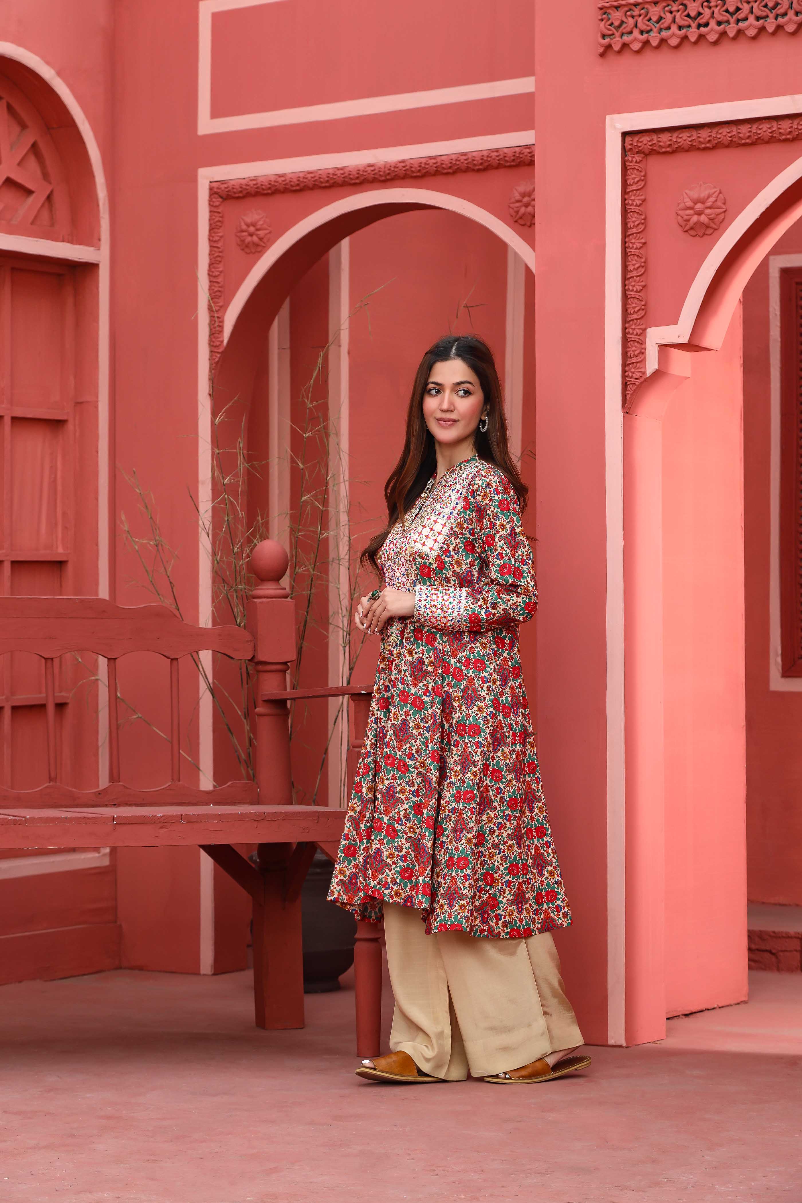 Gulab Jaal: 1 Piece Frock in Multi Linen (TR1112)