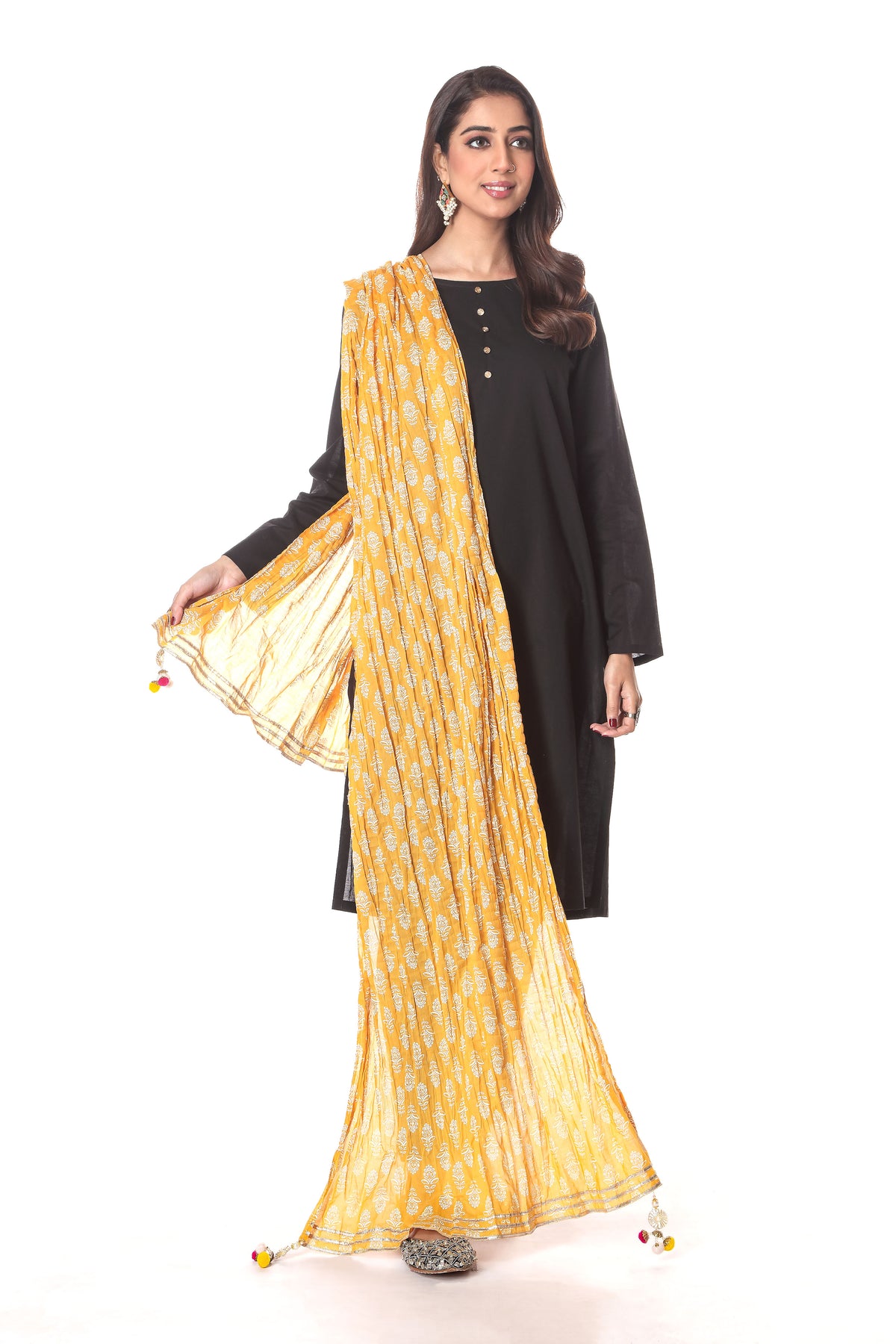 Offwhite Phool in Mustard coloured Printed Lawn fabric
