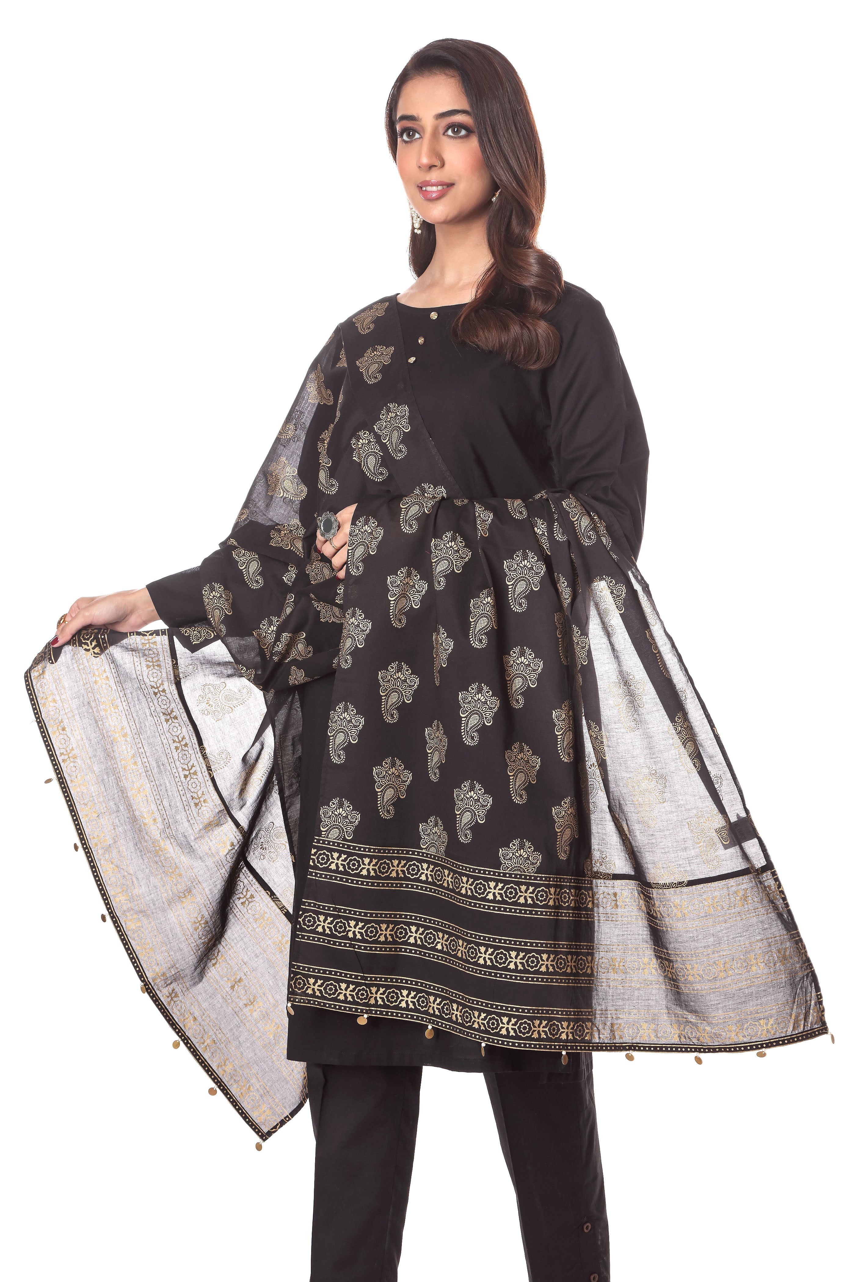 Black Paisley 6 in Black coloured Printed Lawn fabric 3