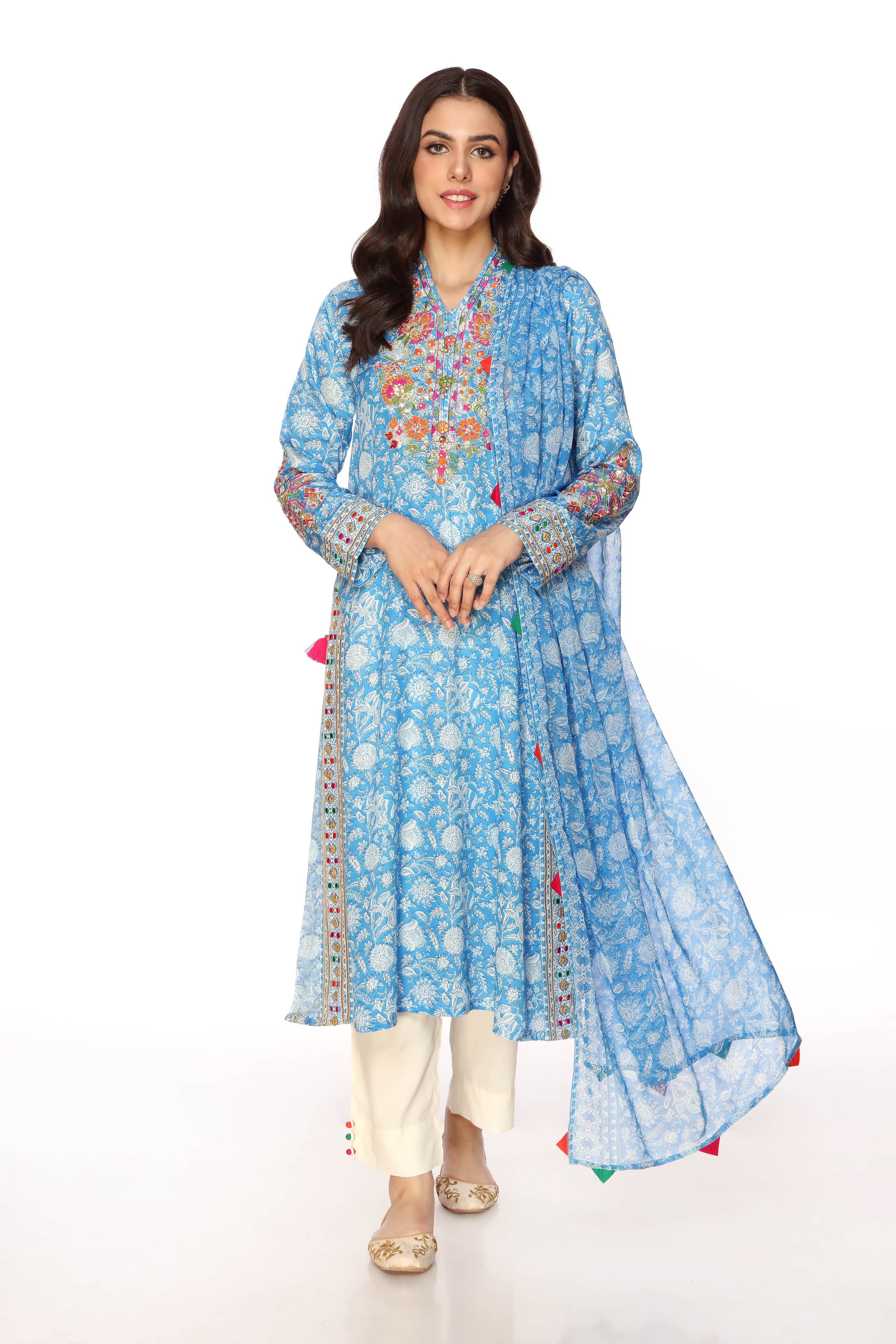 Blue Block Print in Multi coloured Pak Raw Silk fabric