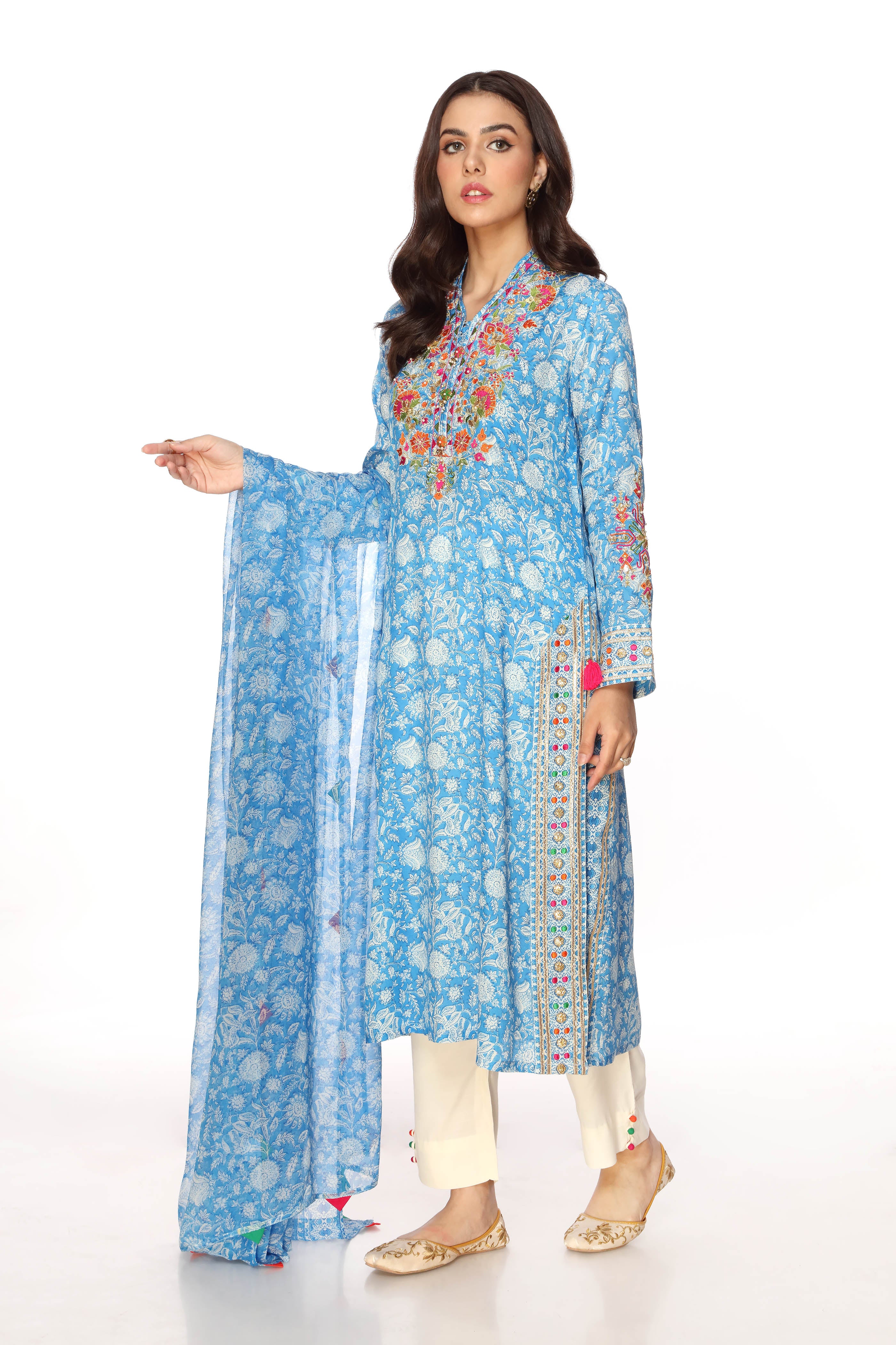 Blue Block Print in Multi coloured Pak Raw Silk fabric 2