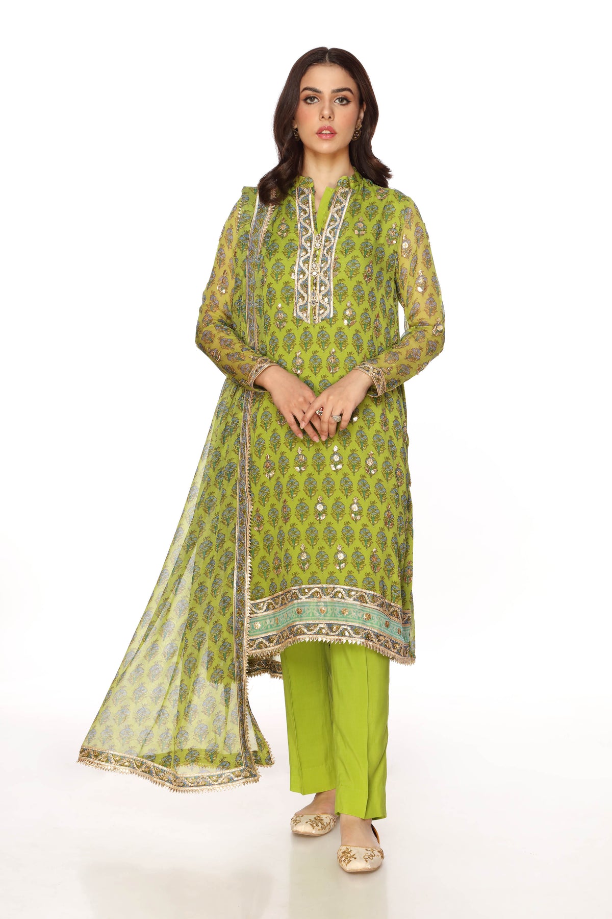 Green Block Shirt in Multi coloured Pak Chiffon Printed fabric