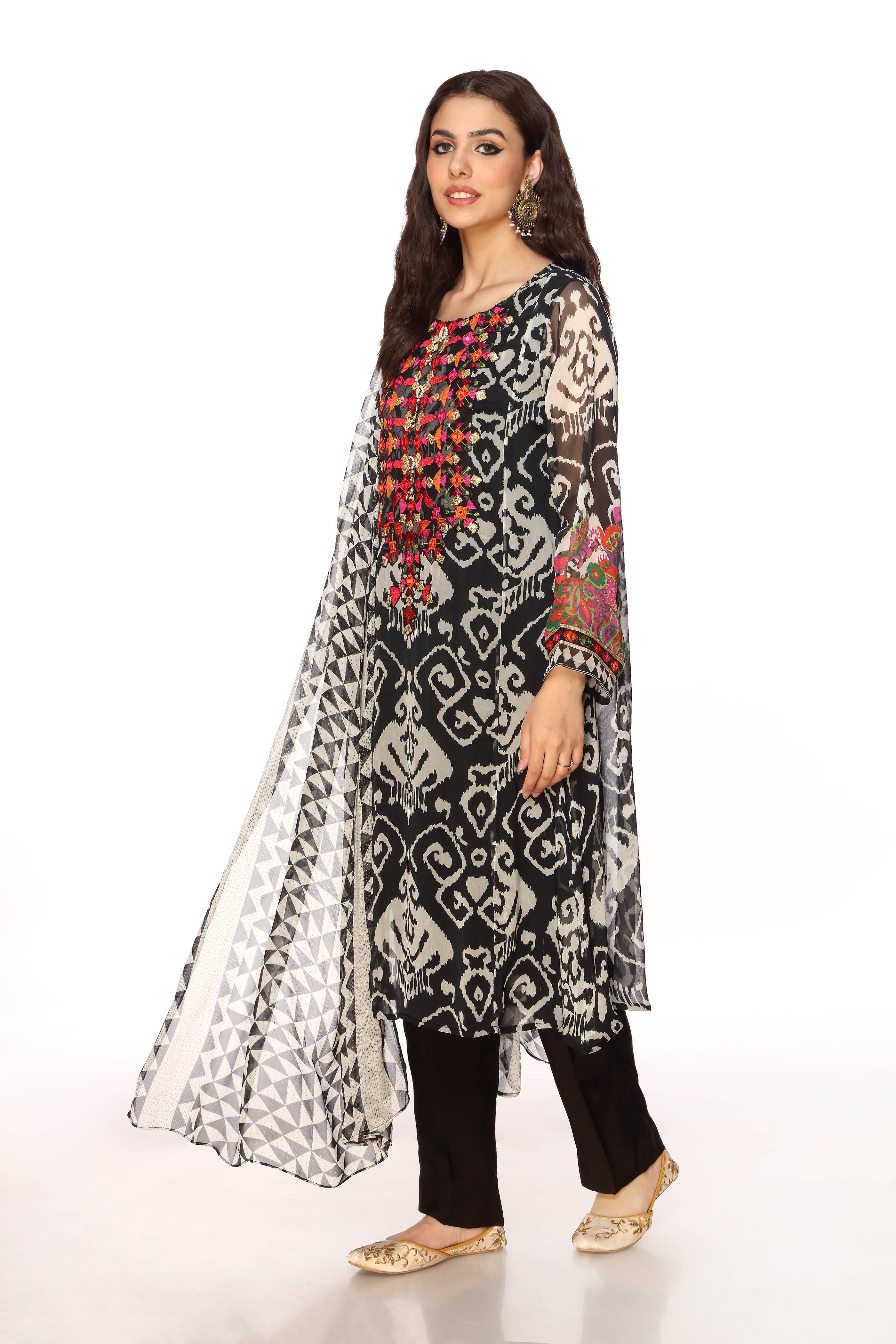 Black Ikat Shirt in Multi coloured Pak Chiffon fabric 2