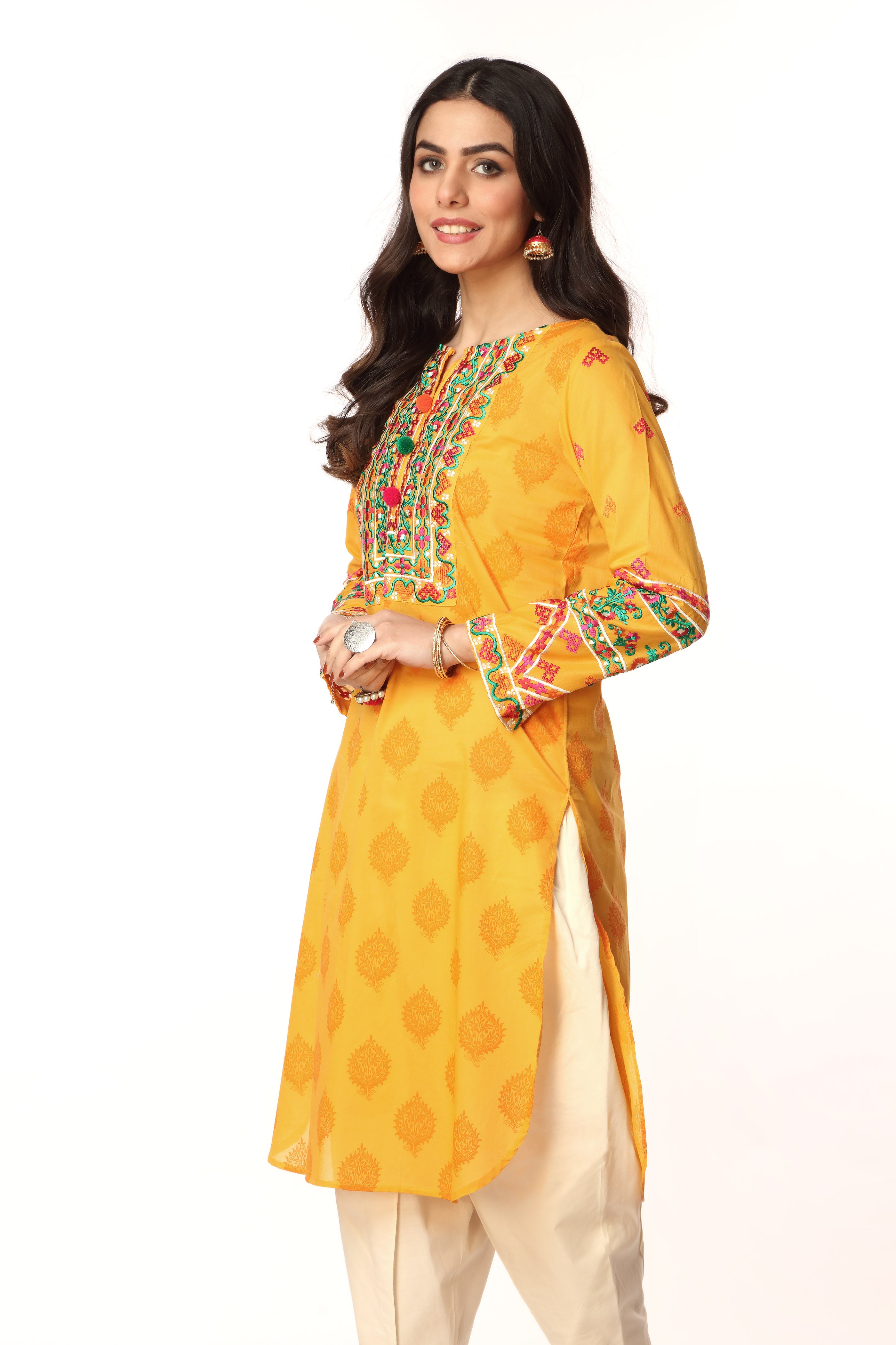 Yellow Balochi in Yellow coloured Printed Lawn fabric 2