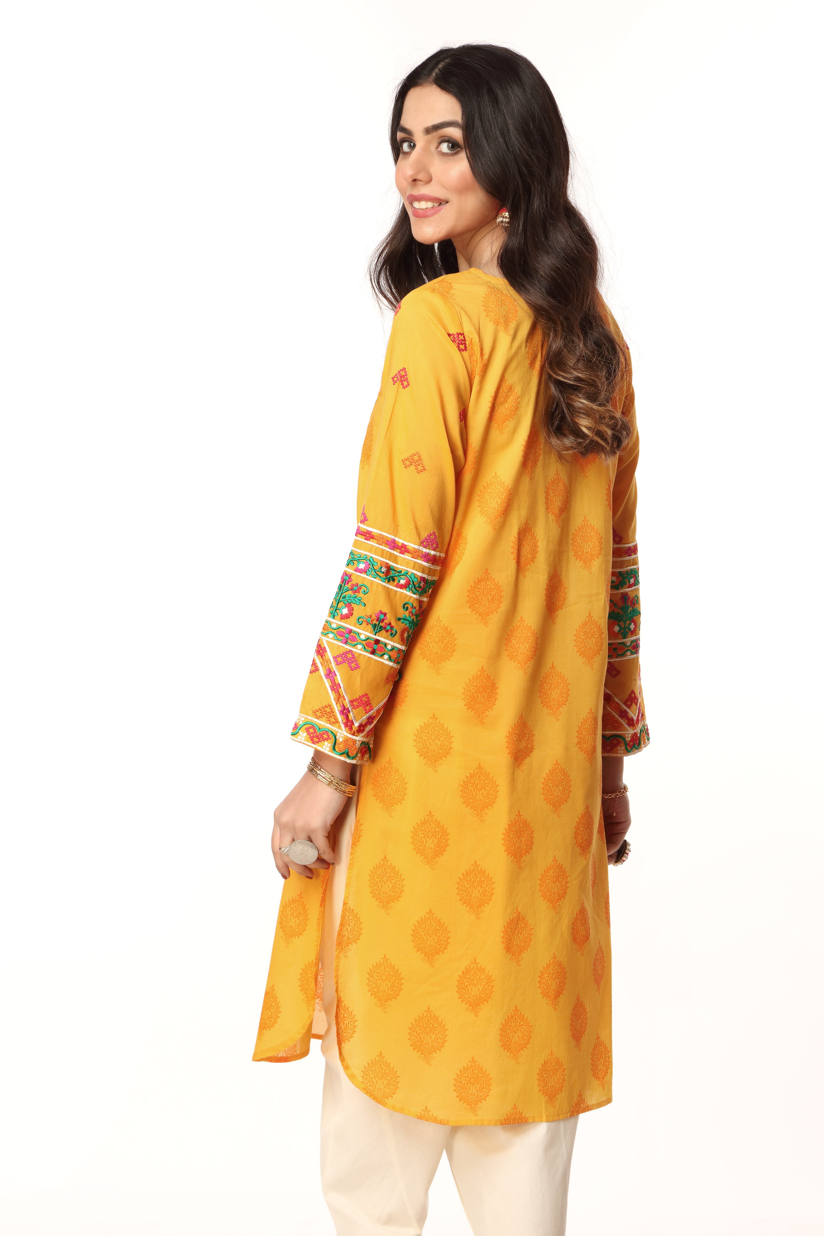 Yellow Balochi in Yellow coloured Printed Lawn fabric 3