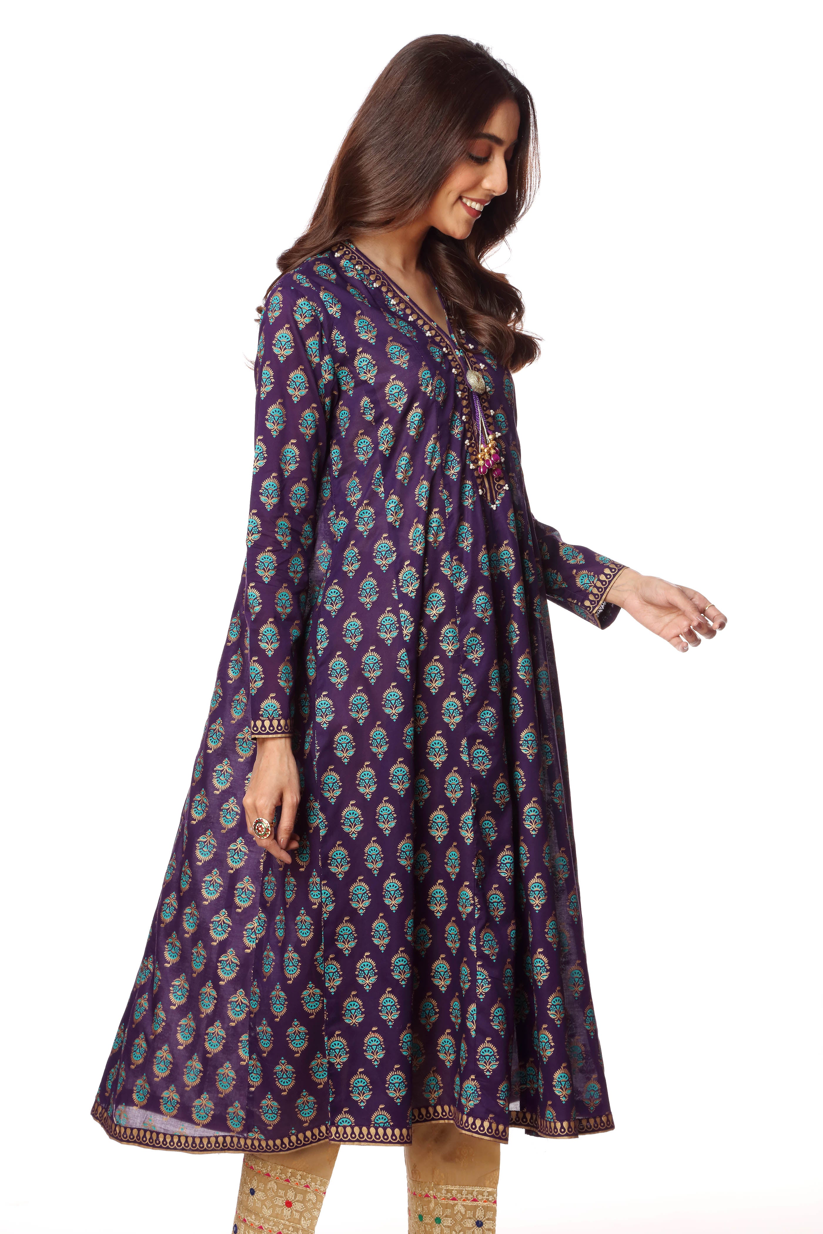 Peacock Frock in Purple coloured Printed Lawn fabric 2