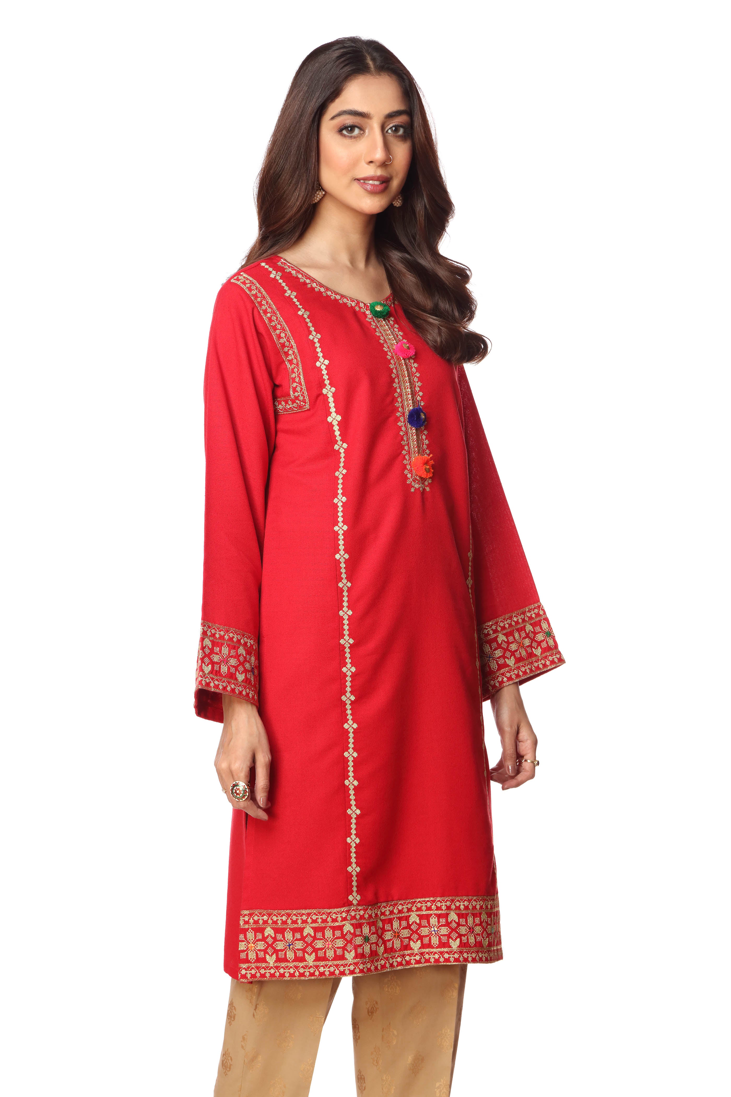 Ethnic Gold Ll in Red coloured Printed Lawn fabric 2
