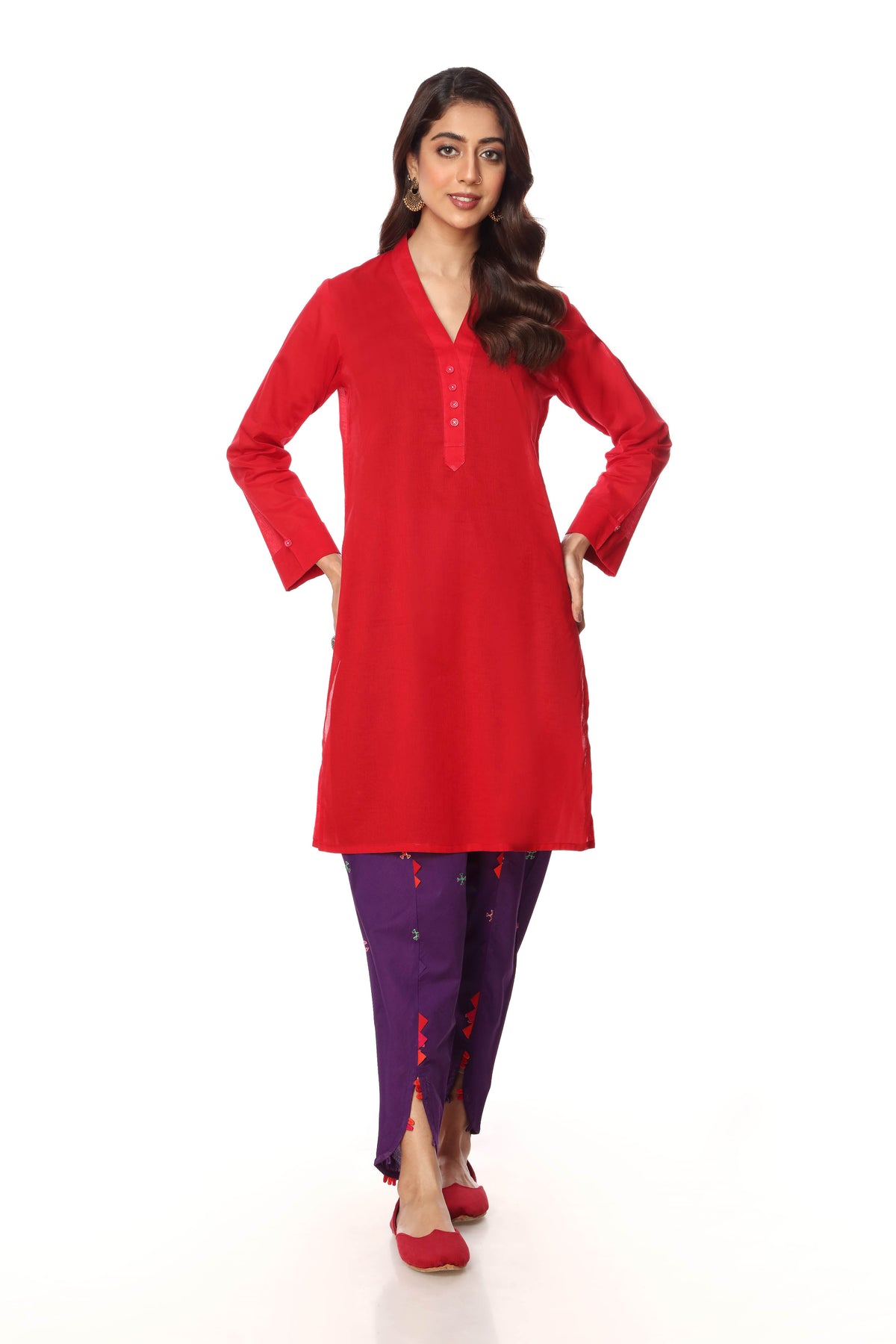 Self Button in Red coloured Printed Lawn fabric