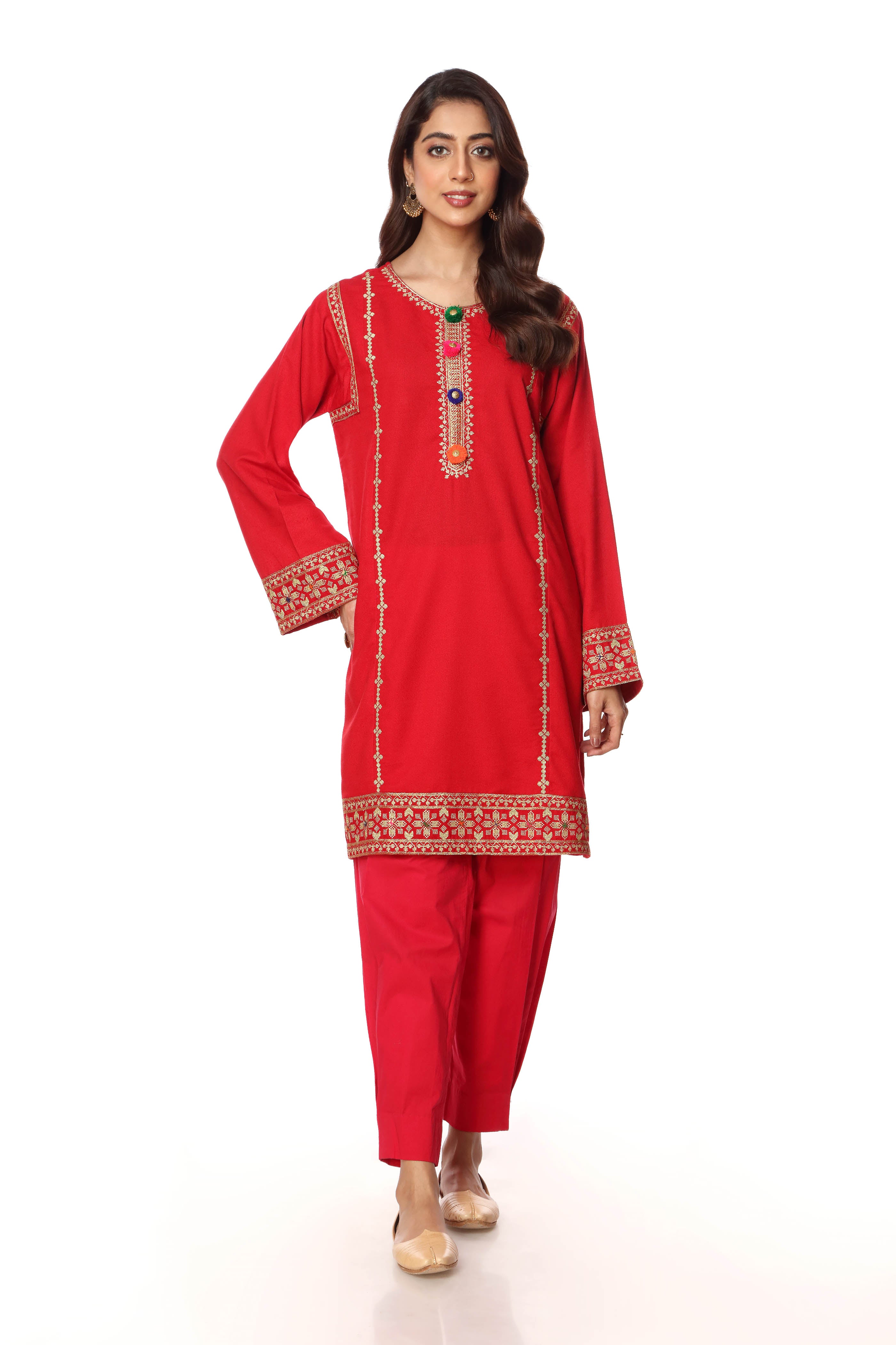 Ethnic Gold Sl in Red coloured Printed Lawn fabric