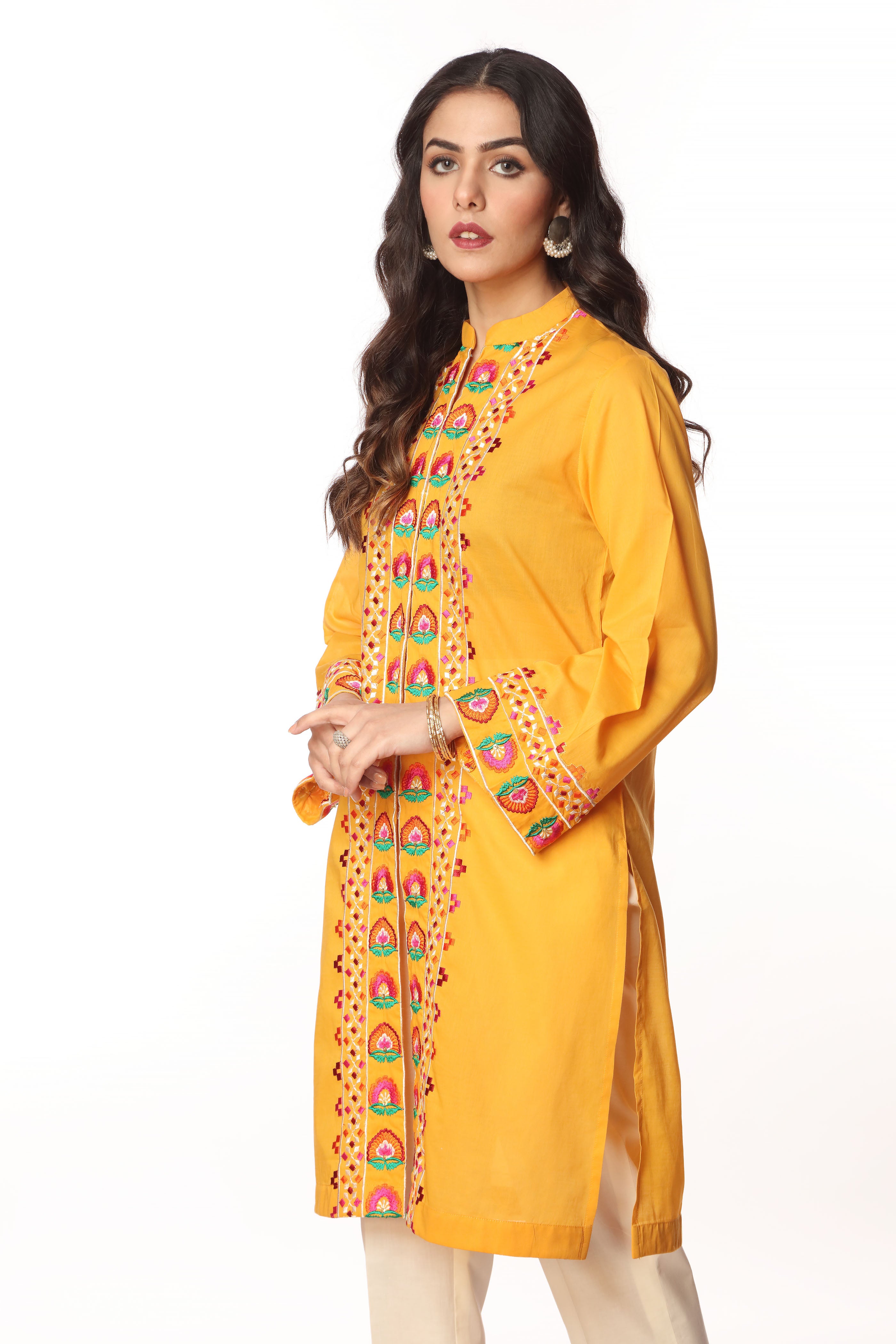 Mustard Flower 1 in Yellow coloured Printed Lawn fabric 2