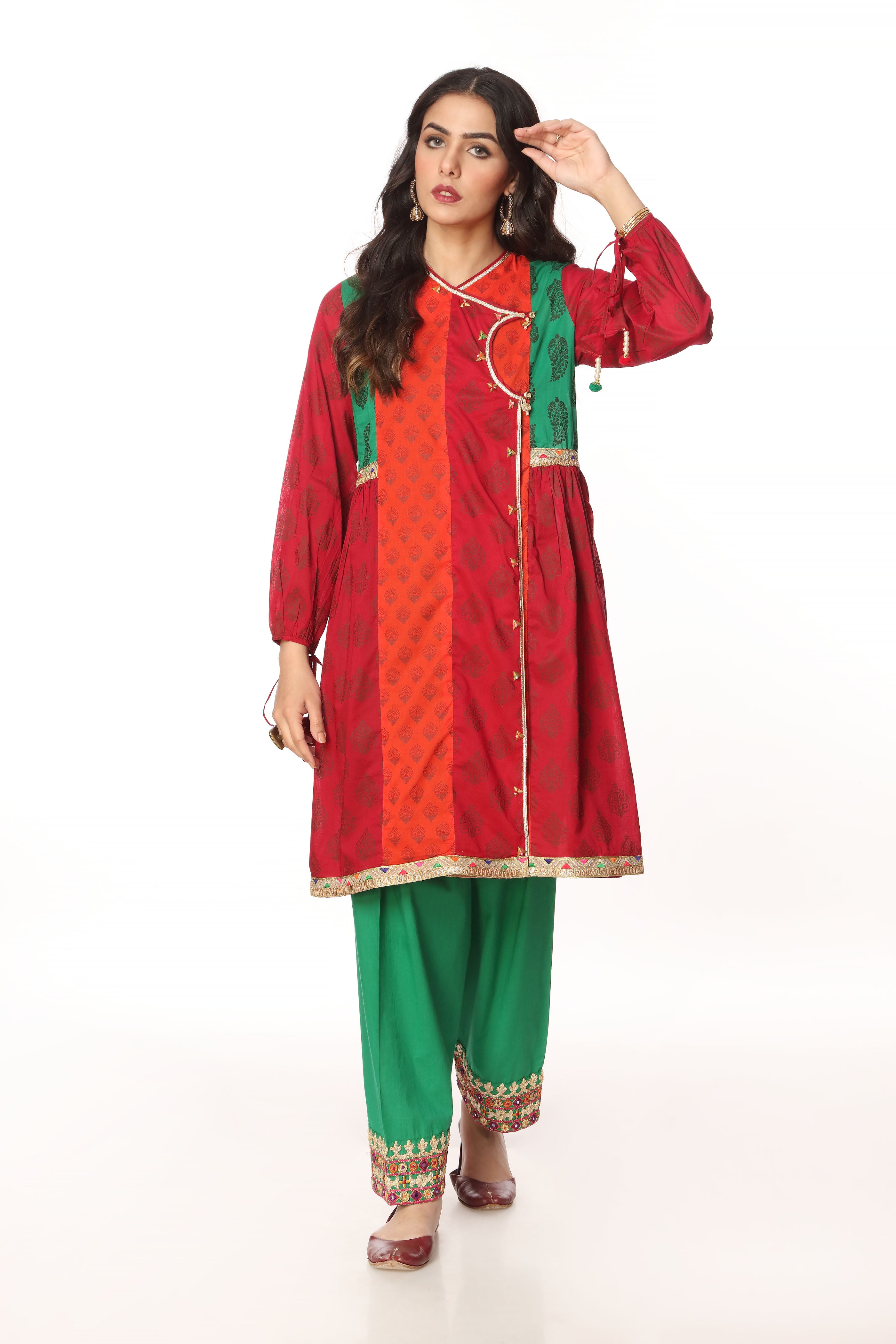 3 Rang Angrakha Ll in Multi coloured Printed Lawn fabric