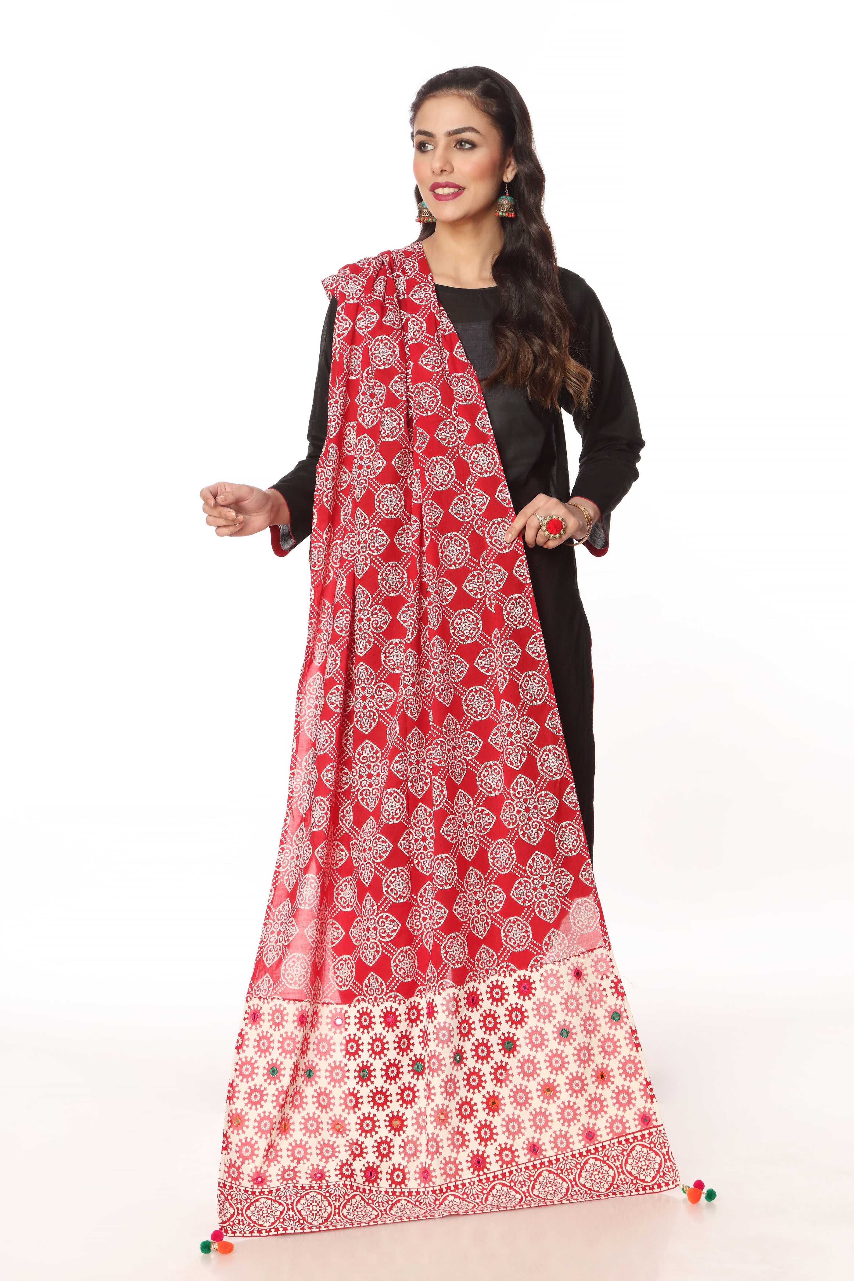 Black And White in Red coloured Printed Lawn fabric