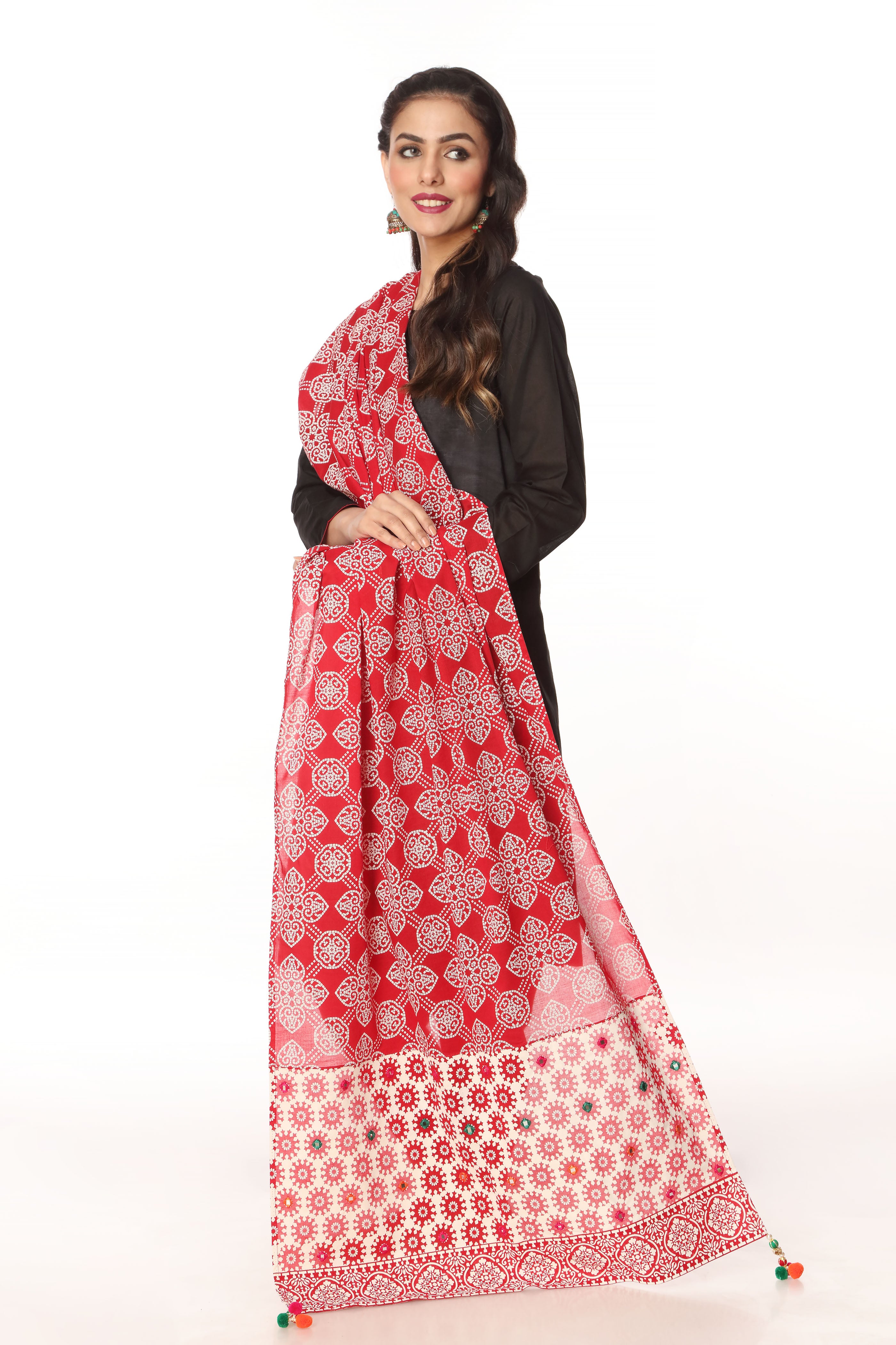 Black And White in Red coloured Printed Lawn fabric 2