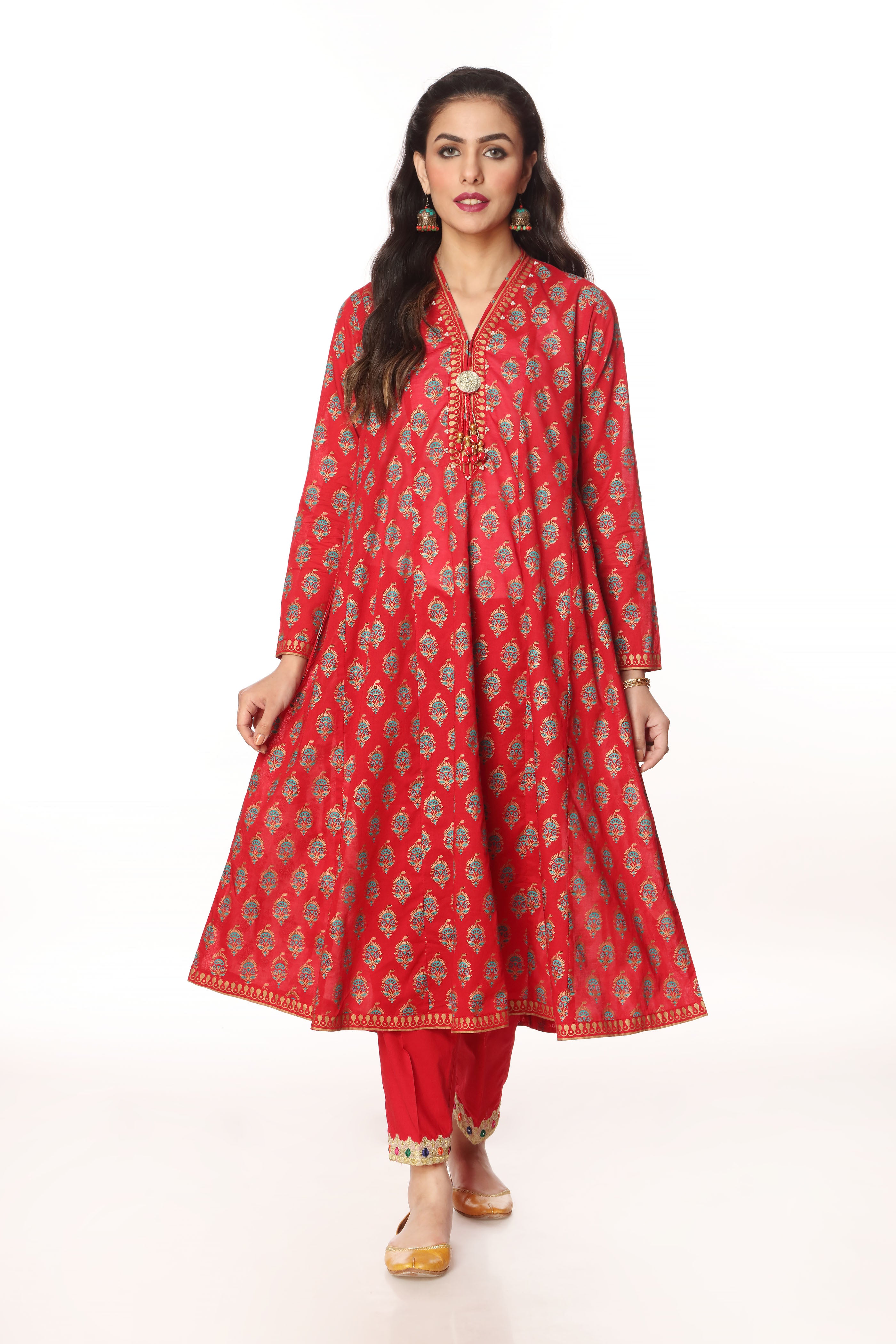 Peacock Frock in Red coloured Printed Lawn fabric