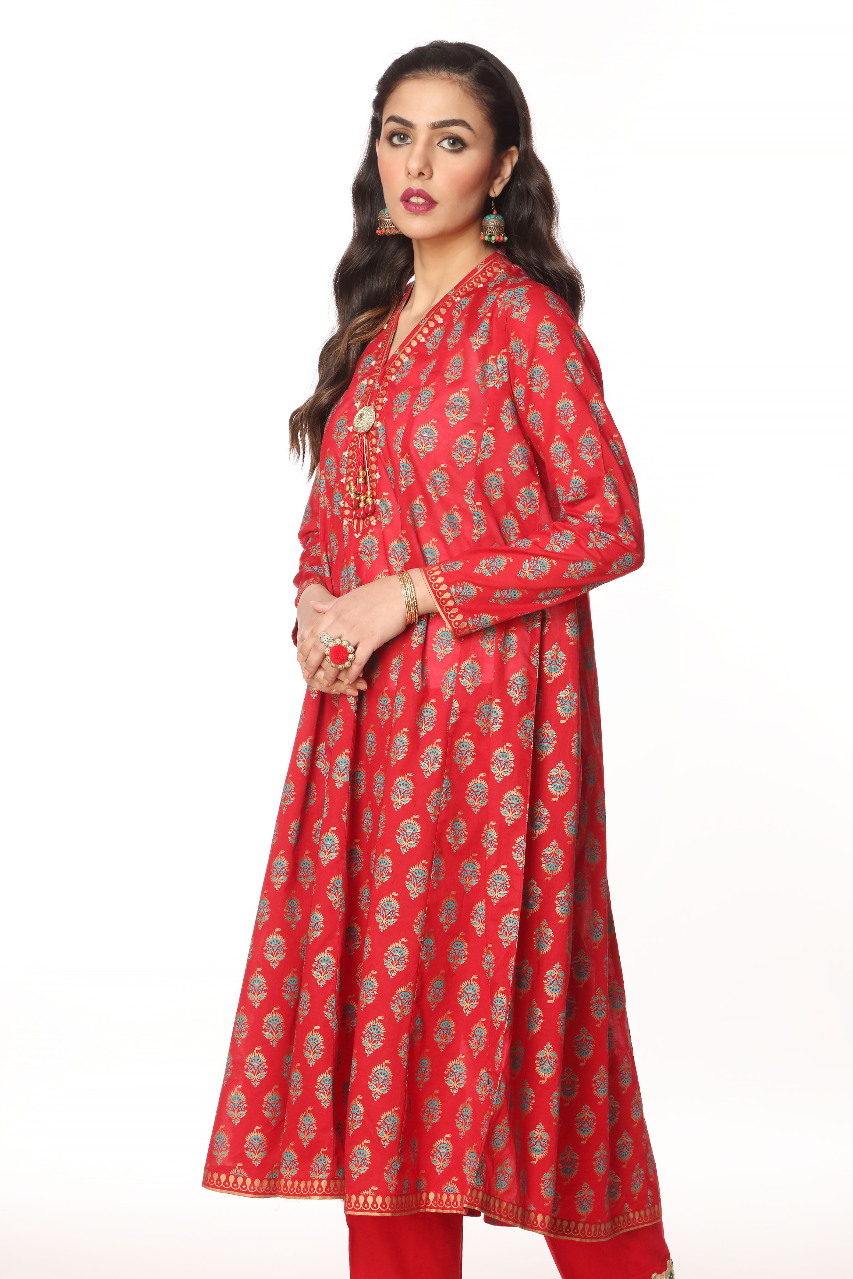 Peacock Frock in Red coloured Printed Lawn fabric 2