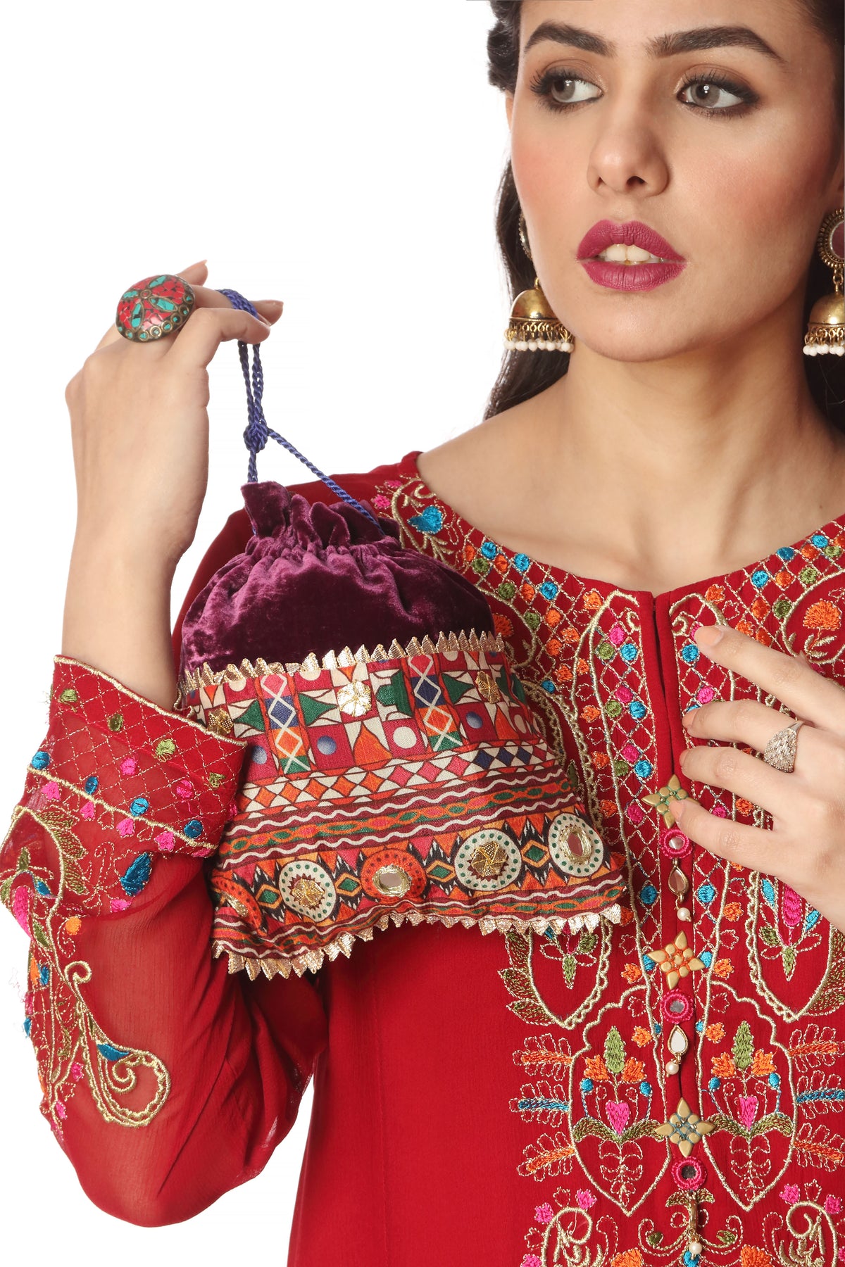 Round Potli in Purple coloured Printed Lawn fabric