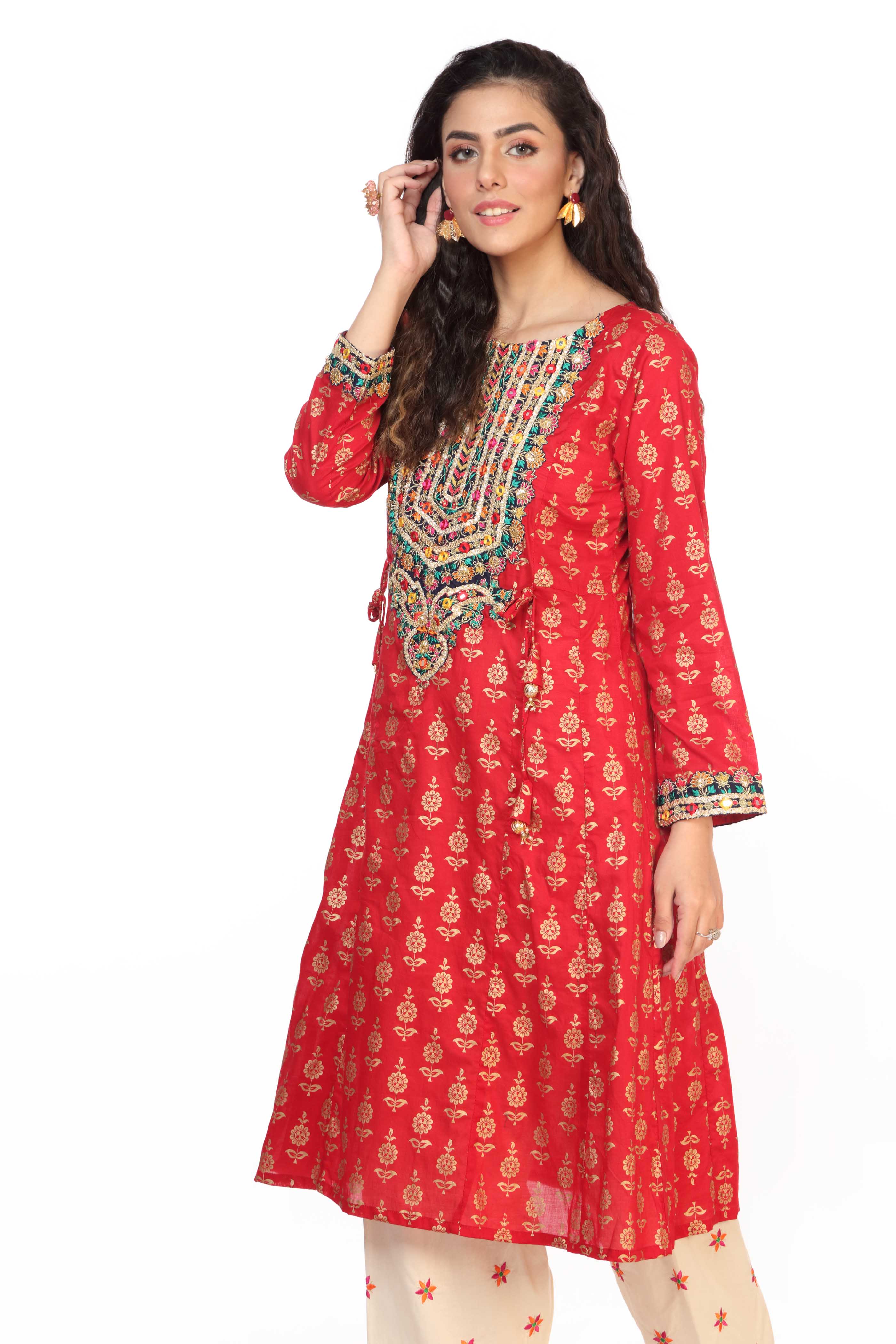 Blue Paisley 3 in Red coloured Printed Lawn fabric 2