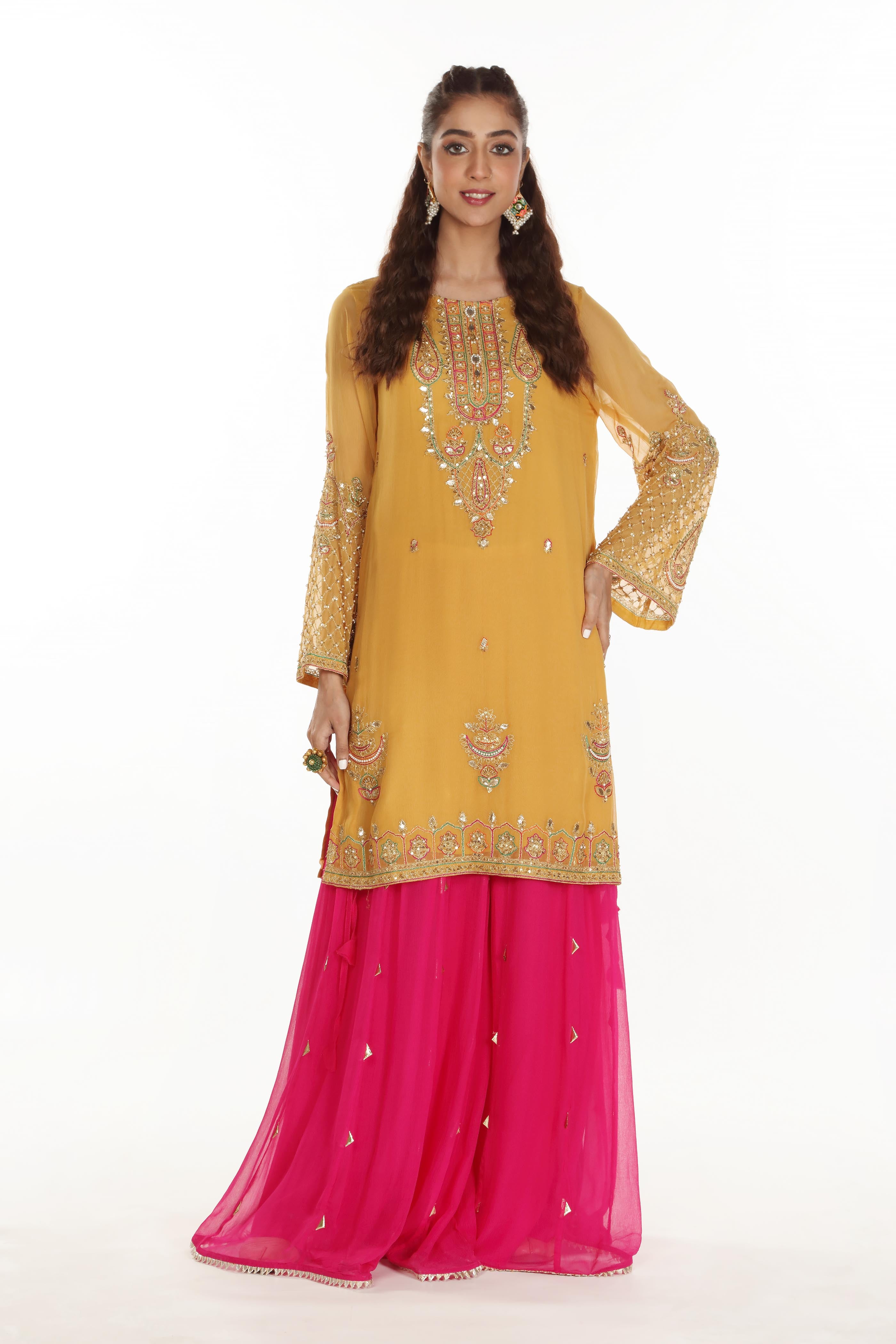 Mustard Jaal in Mustard coloured Pak Chiffon fabric